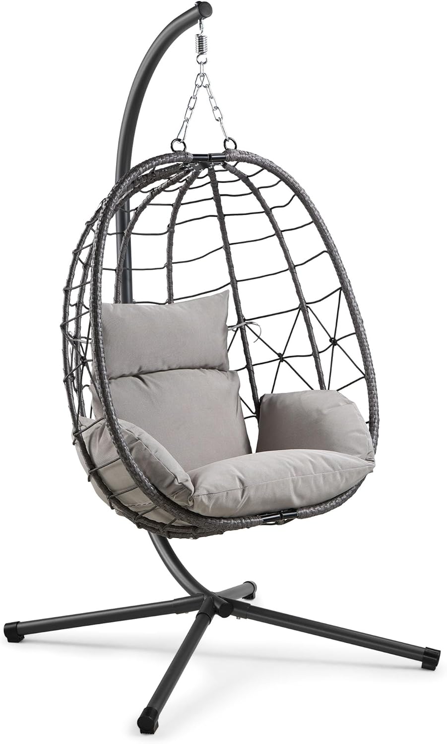 Hanging Egg Chair Grey Rattan Swing Stand Foldable Cushion