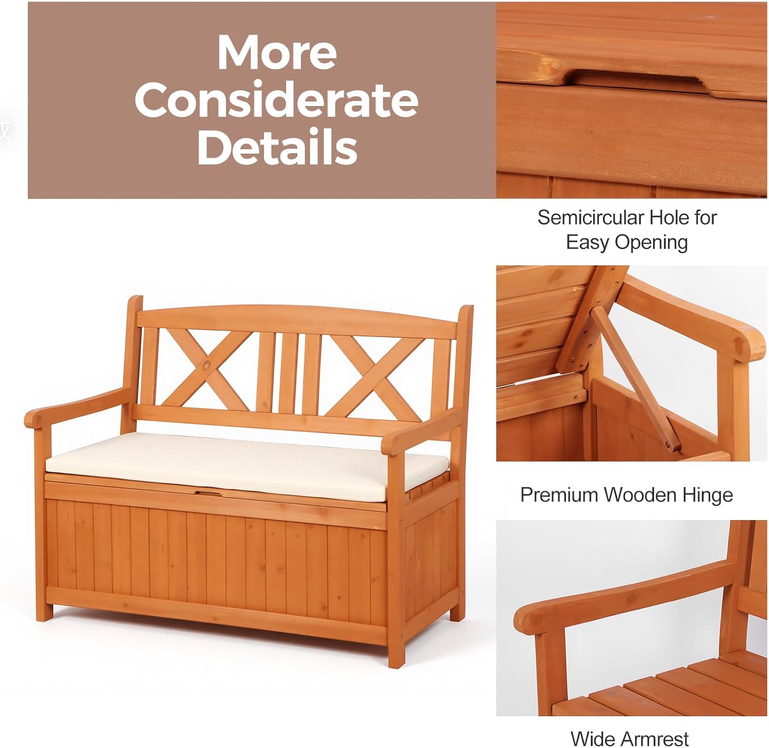 Wooden Garden Storage Bench 2 Seater Outdoor Patio Seat with Cushion