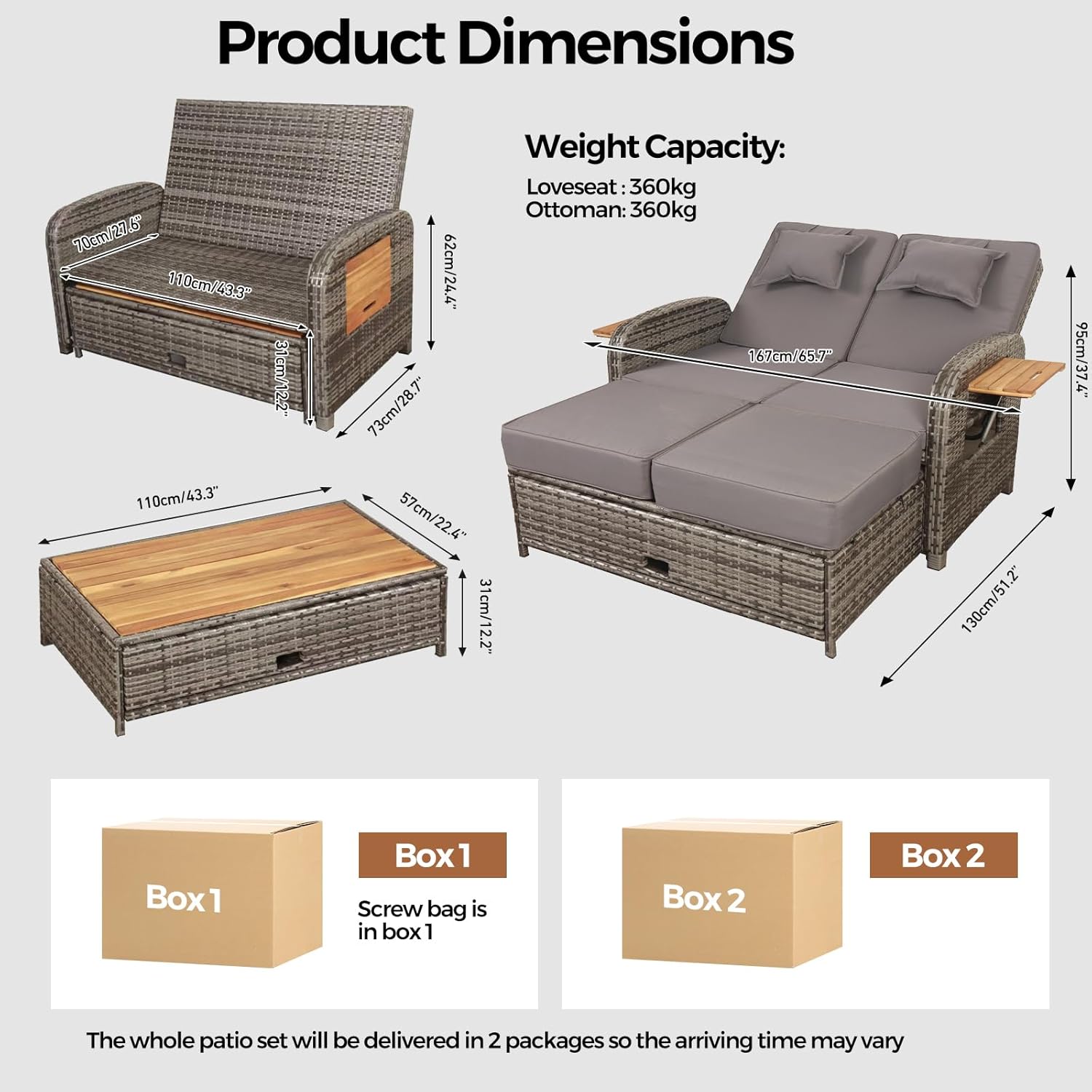Rattan Garden Daybed Sofa Sun Lounger Storage Ottoman Grey