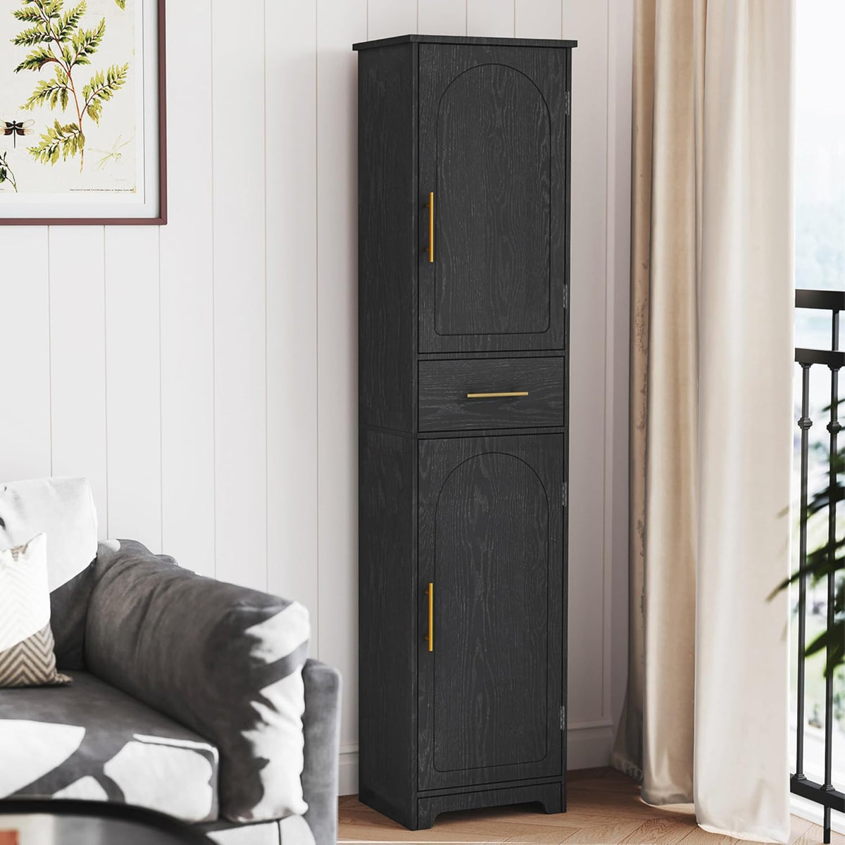 Tall Slim Storage Cabinet Black Drawer Doors Adjustable Shelf