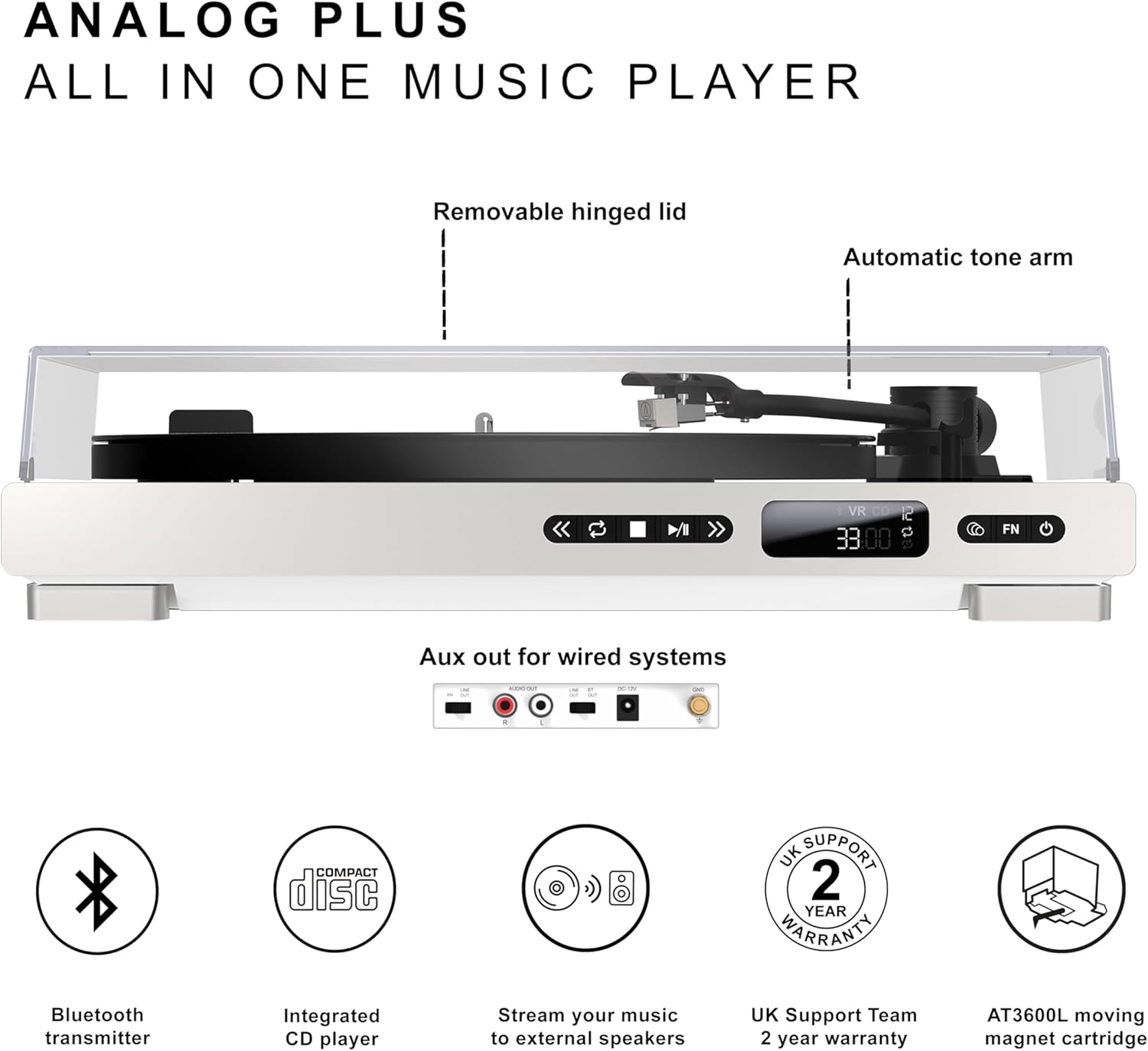Automatic Vinyl Turntable CD Player Combo with Bluetooth White