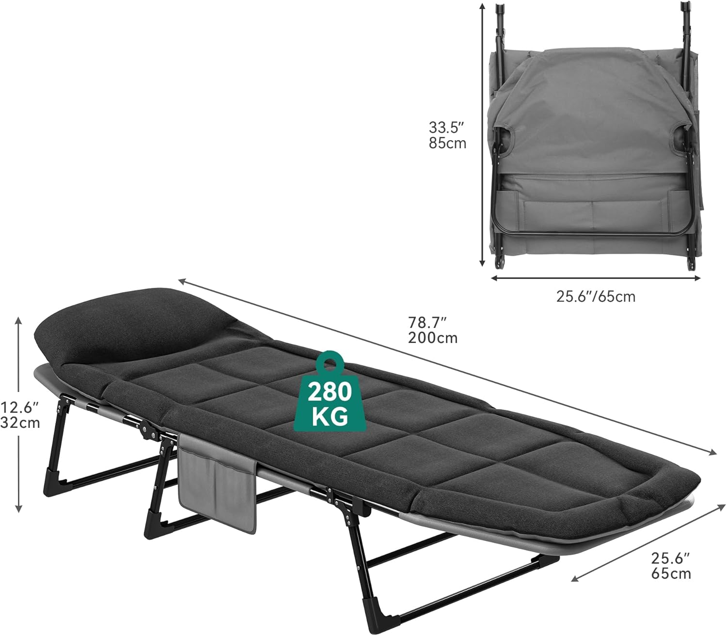 Folding Sun Lounger with Cushion Adjustable Portable Black 200cm