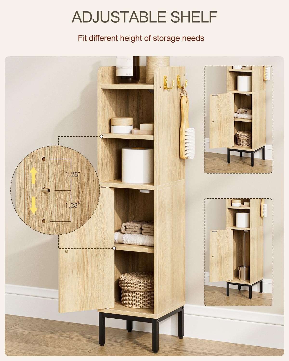 Slim Tall Bathroom Storage Cabinet Waterproof Oak Rattan Unit