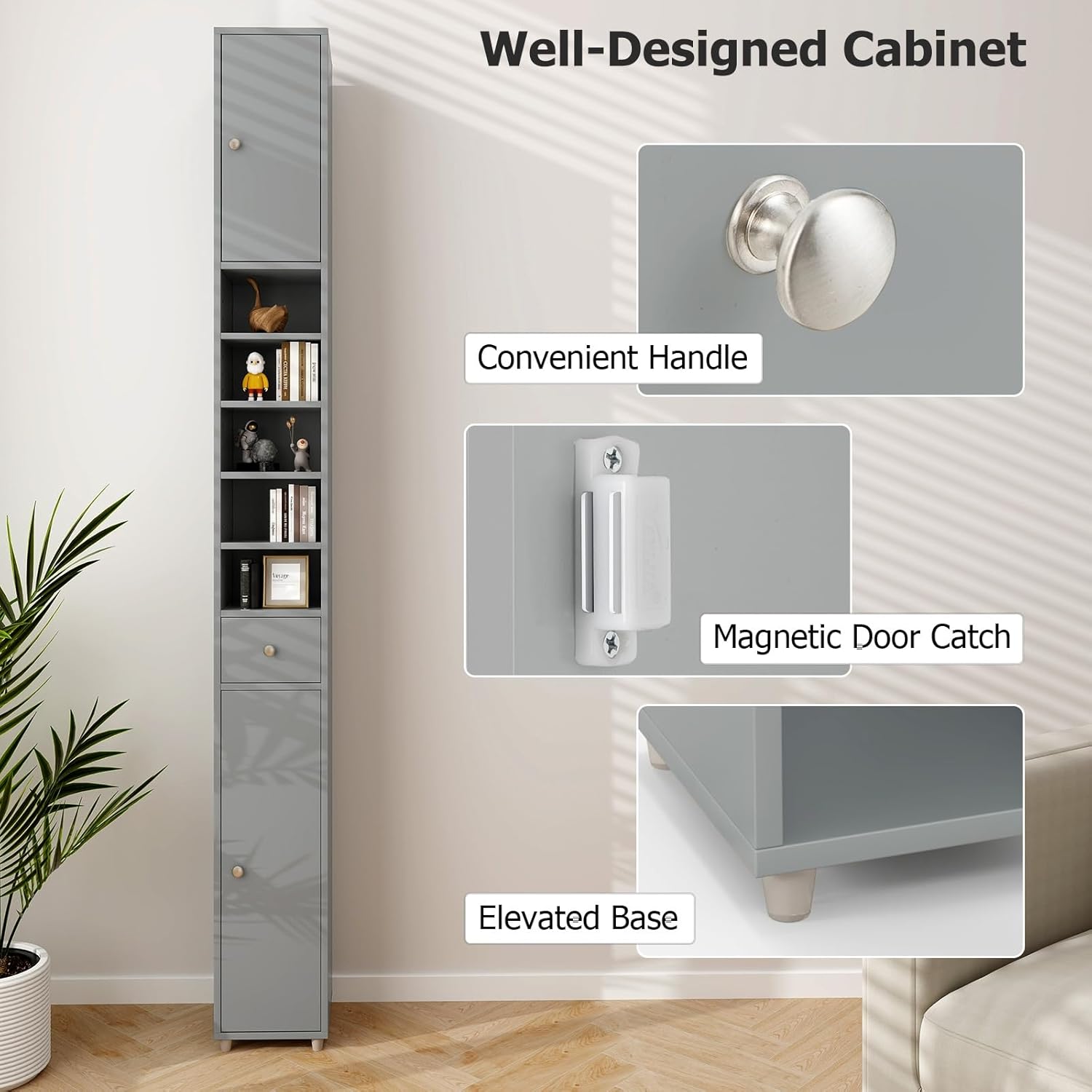Tall Slim Bathroom Storage Cabinet Drawer Adjustable Shelves Grey