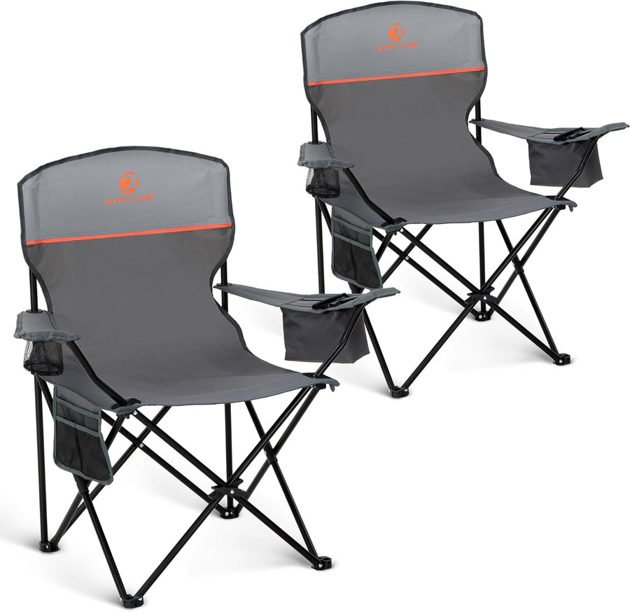 Camping Chairs 2 Pack Cooler Bag Cup Holder Grey