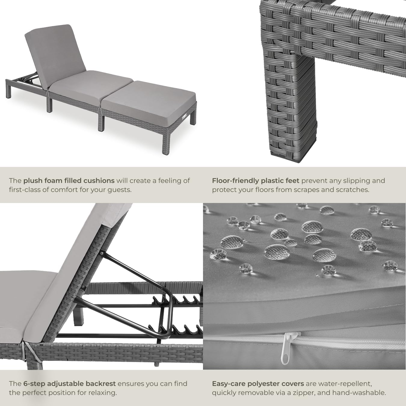 Luxury Rattan Sun Lounger 6 Position Cushion Grey