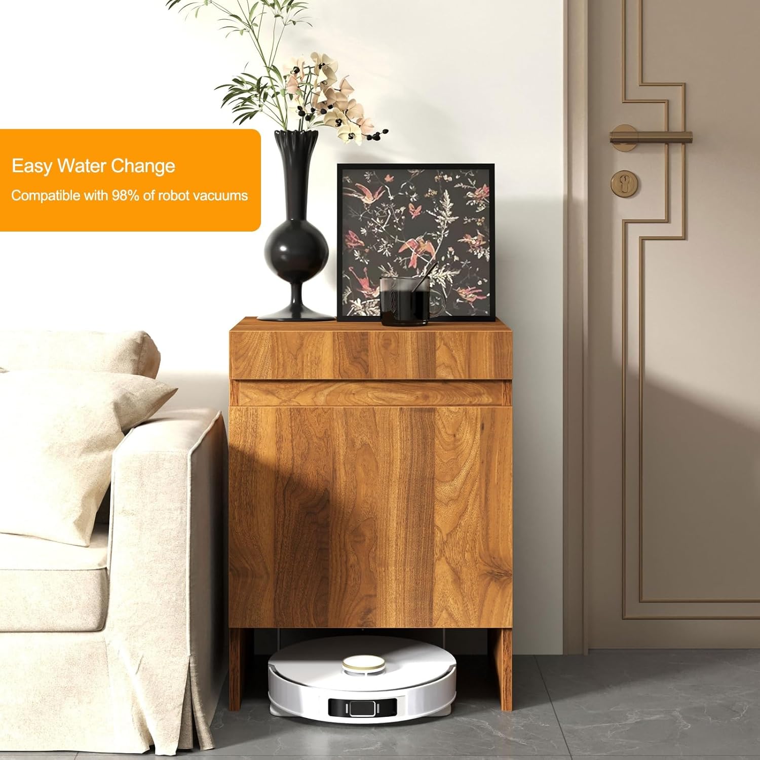 Hidden Robot Vacuum Cabinet Side Table Storage Organizer Pull Out Tray