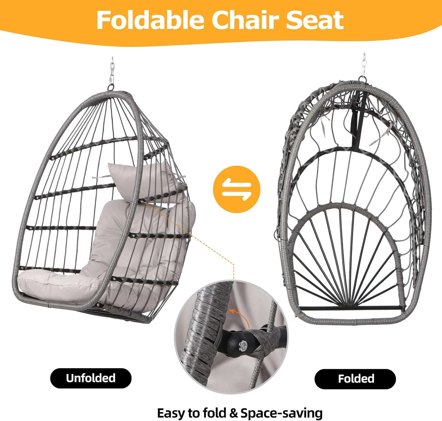 Rattan Egg Swing Chair with Stand Cushion Grey