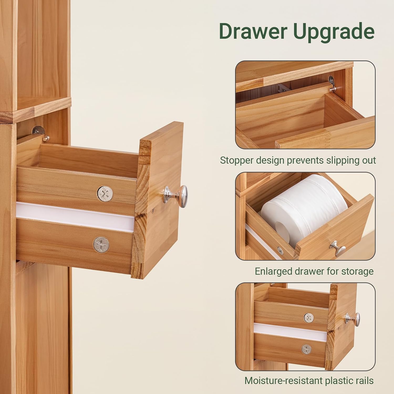 Slim Tall Solid Wood Bathroom Cabinet Drawer 180cm Natural