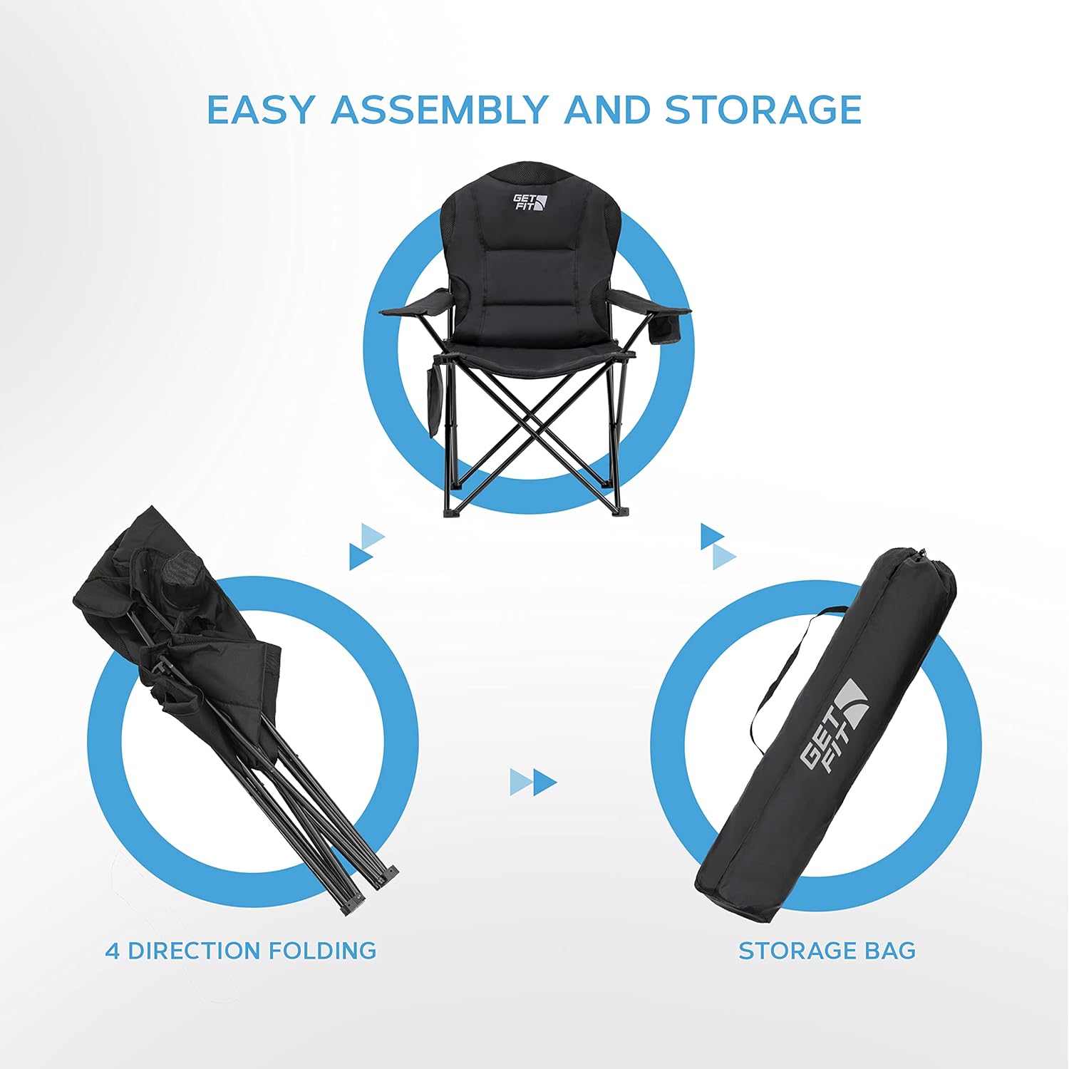 Padded Folding Camping Chair 130KG Black Single