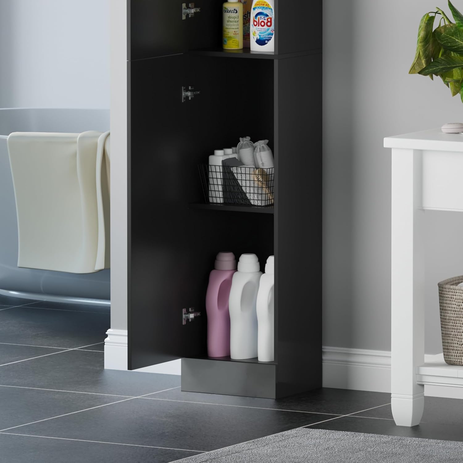 Tall High Gloss Storage Cabinet Black 4 Shelf Unit