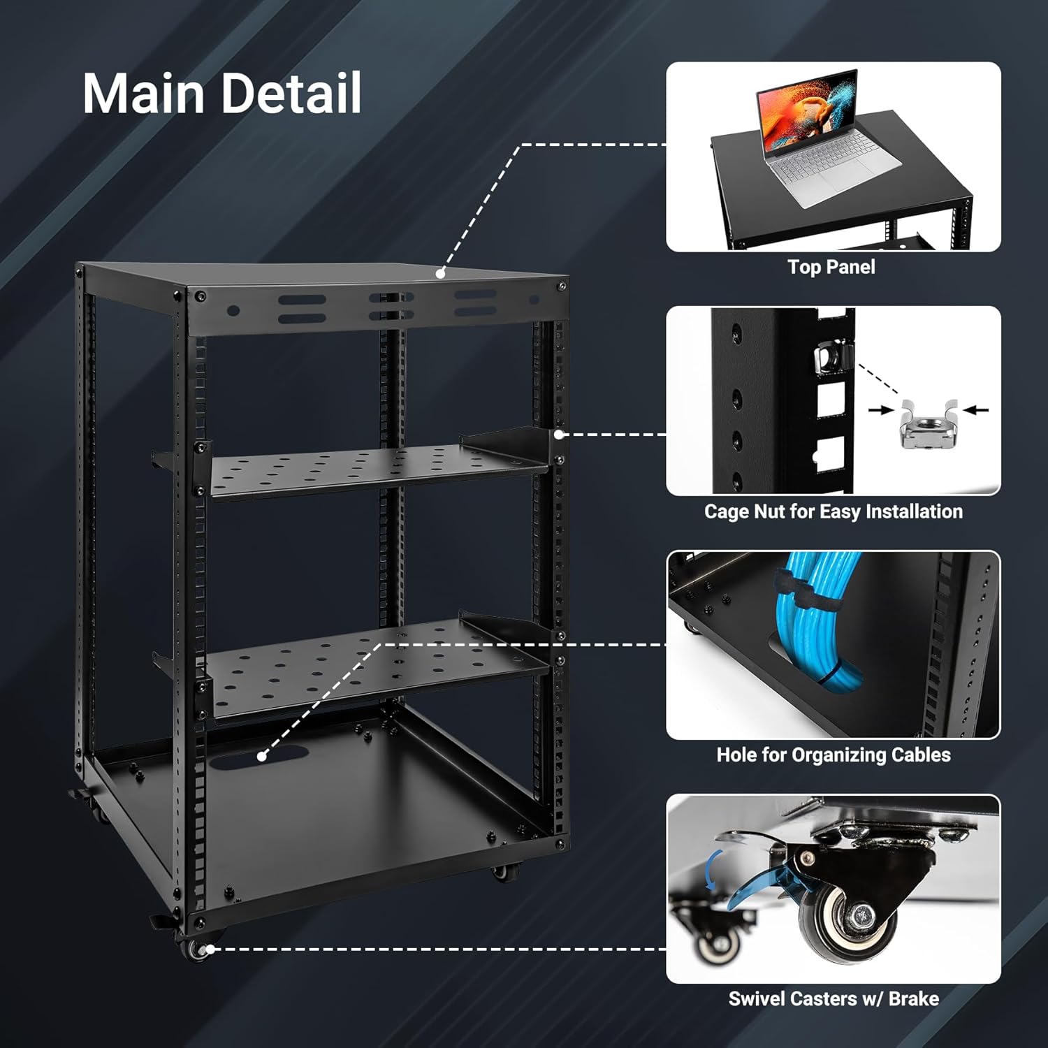 15U Open Frame Server Rack with Wheels 2 Shelves