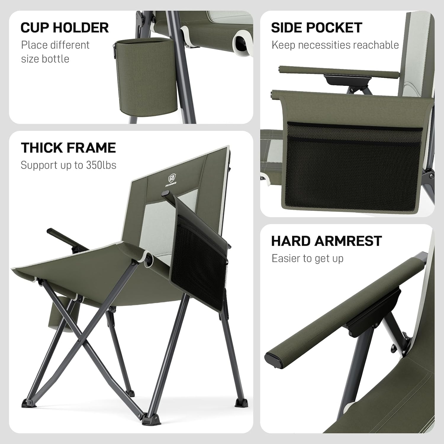 Reclining Camping Chair Heavy Duty Foldable 350lb Green