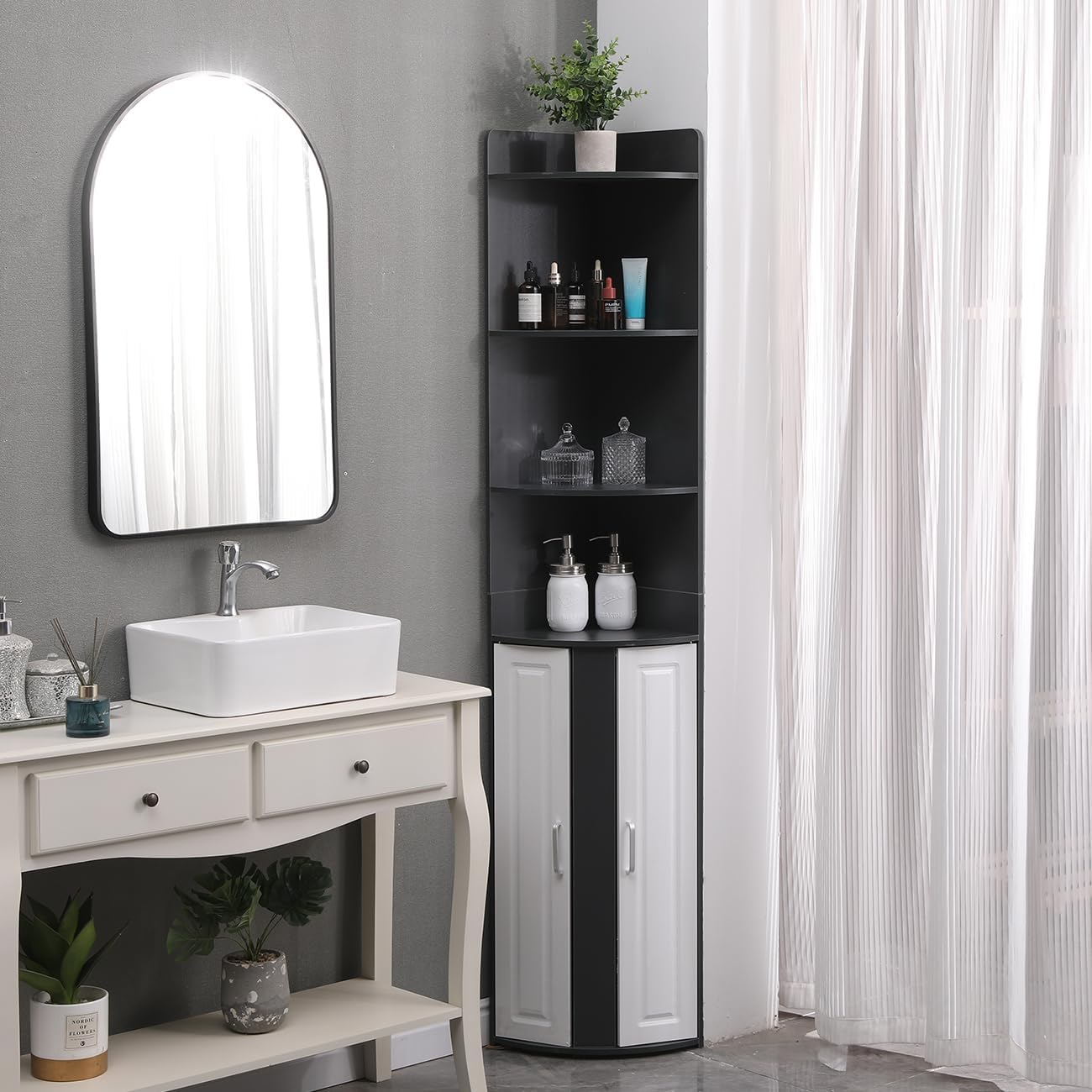 Tall Corner Cabinet White Grey 3 Shelf Storage Unit