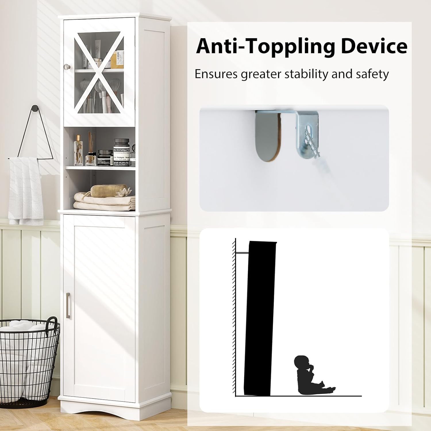 White Tallboy Bathroom Cupboard Open Shelf Storage Cabinet