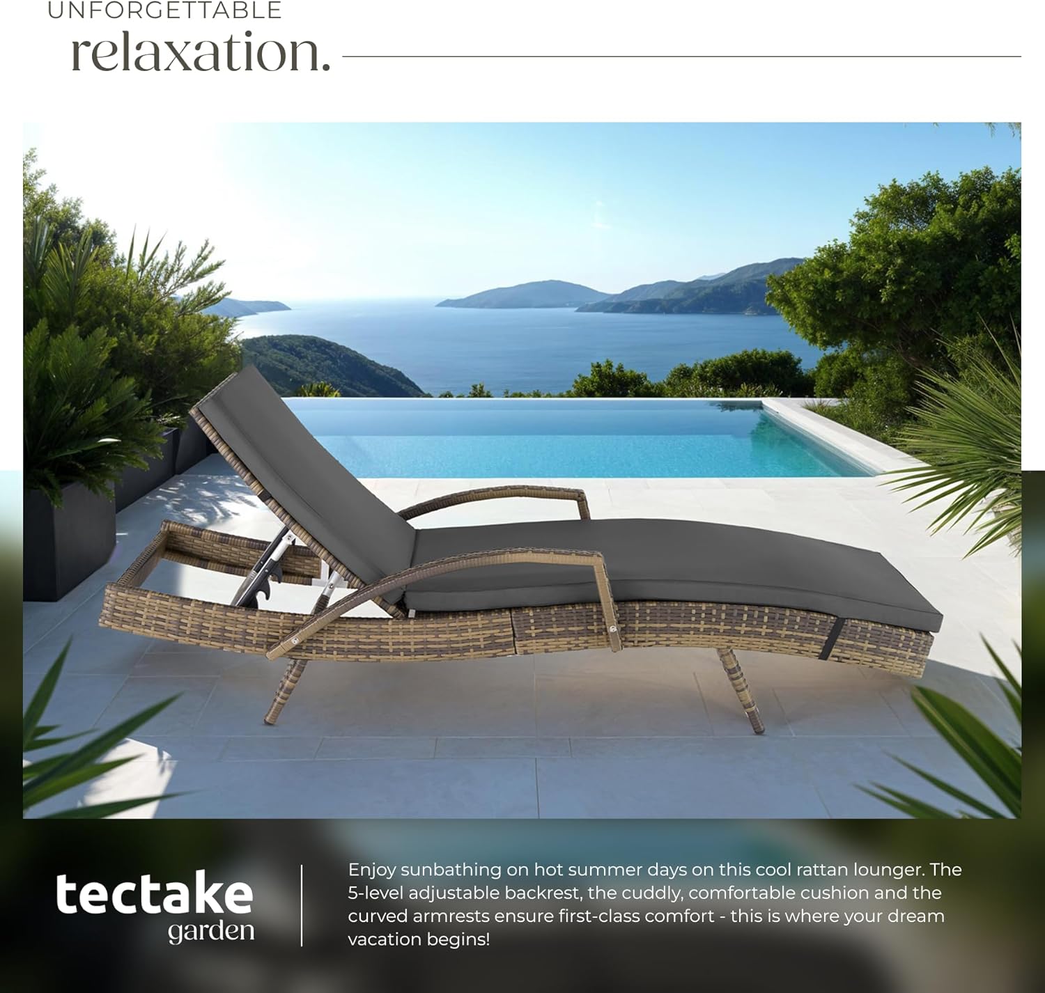 Rattan Sun Lounger 5 Position Recliner Cushion Nature