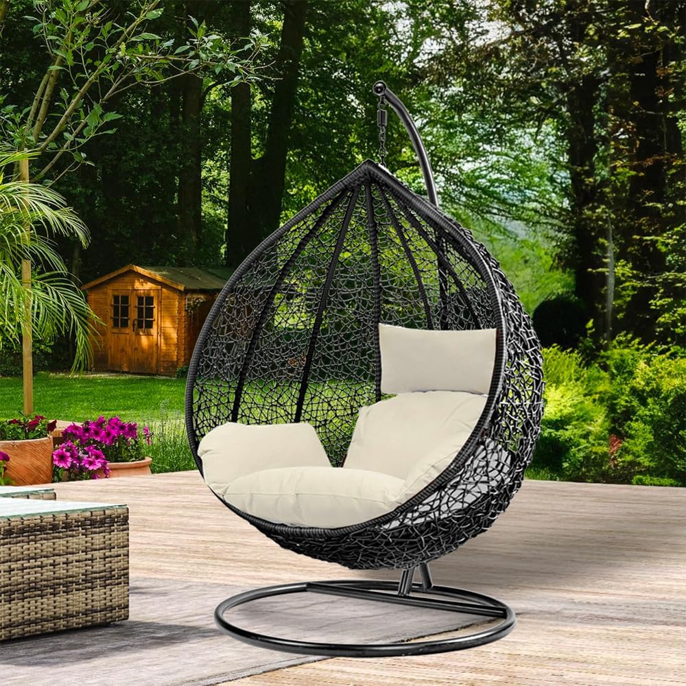 Hanging Egg Chair With Stand Cushion Black White