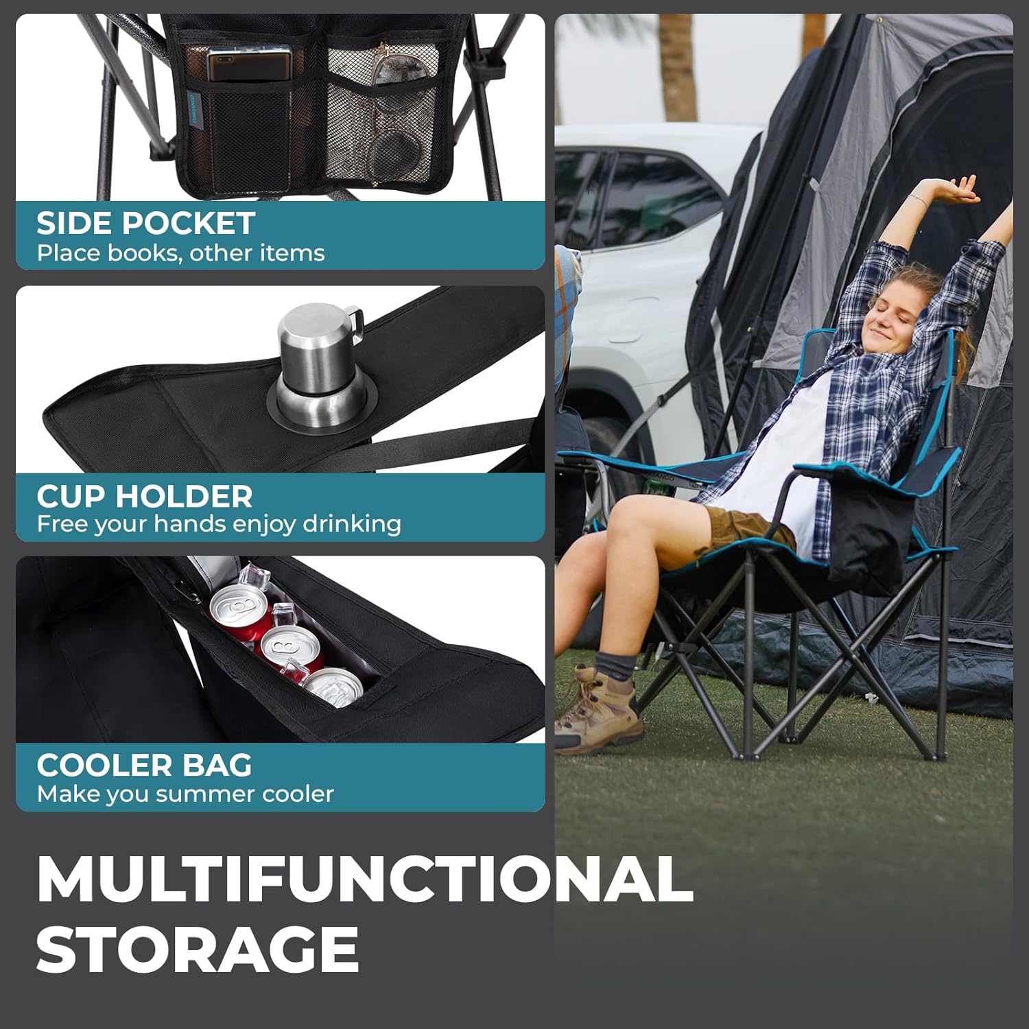 Oversized Camping Chair with Cooler and Lumbar Support Black