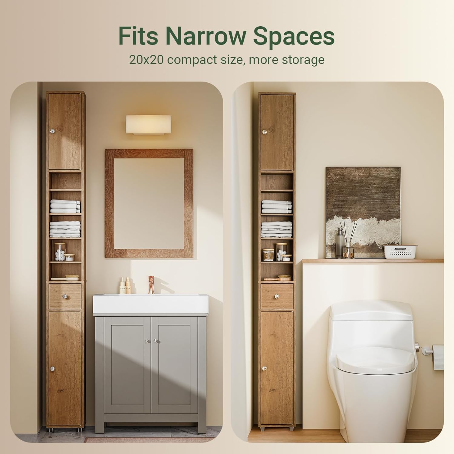 Slim Tall Bathroom Cabinet 20cm Dark Wood Drawer 180cm