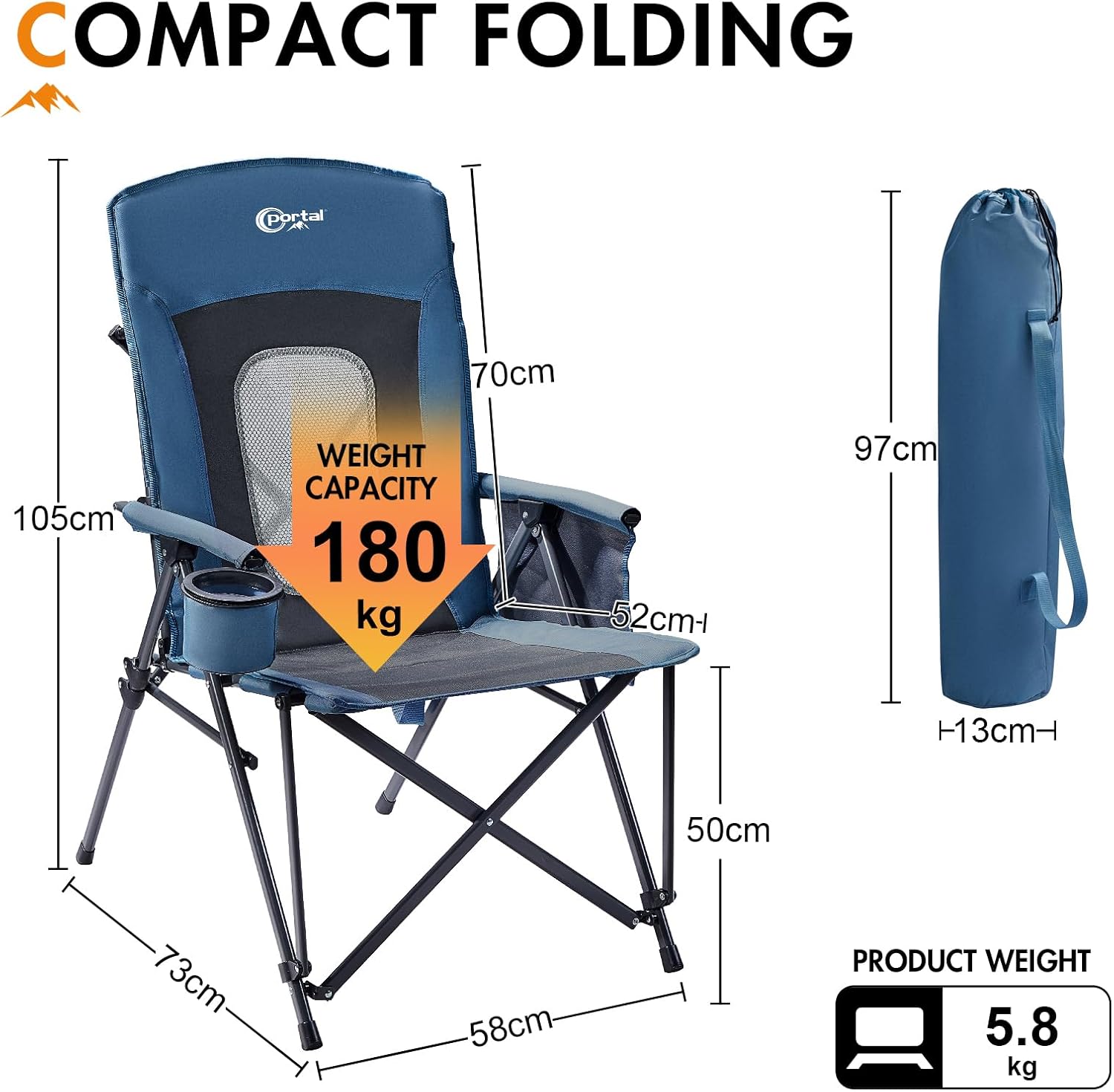 High Back Folding Camping Chair 180kg Heavy Duty Blue
