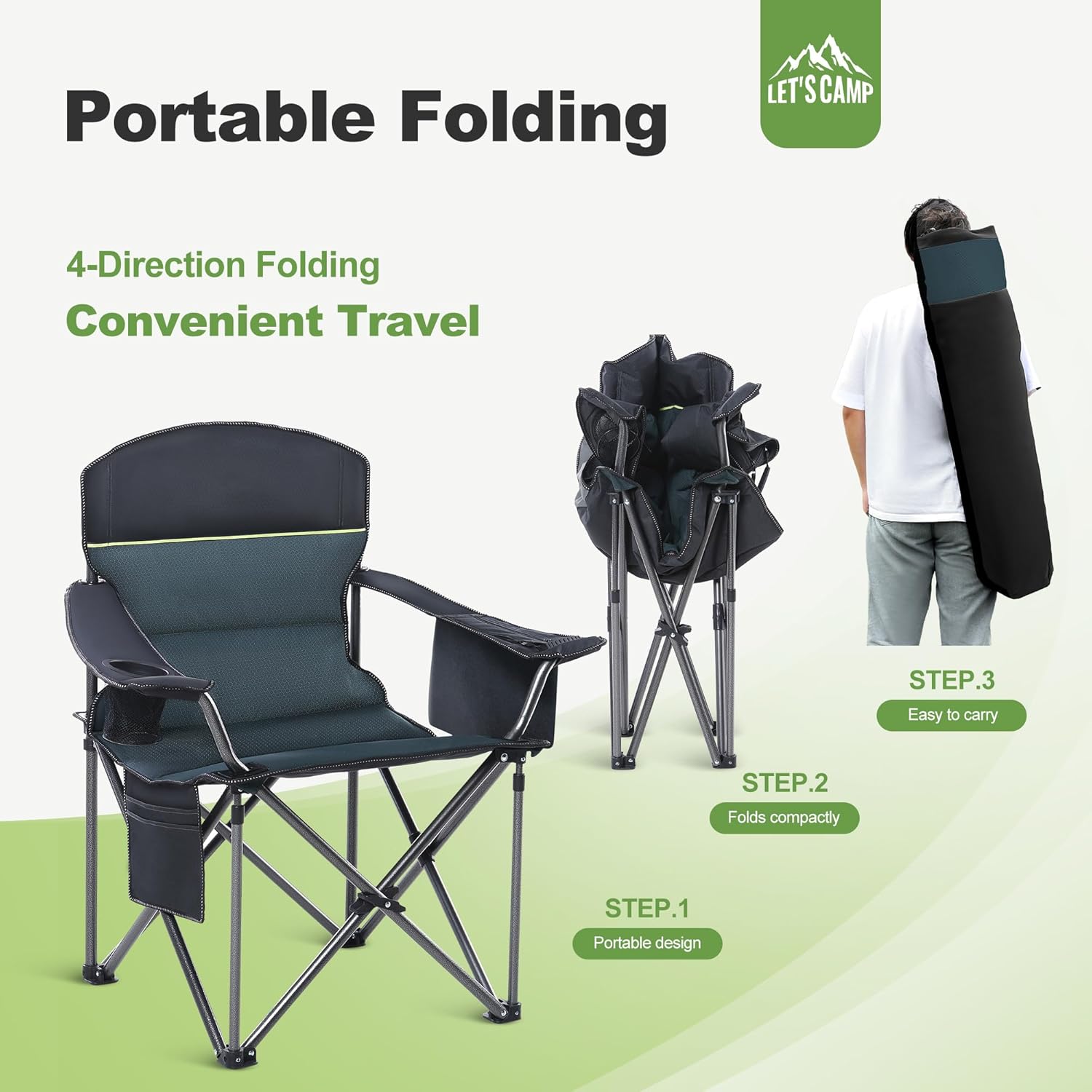 XXL Heavy Duty Folding Camping Chair 200kg Cooler Green