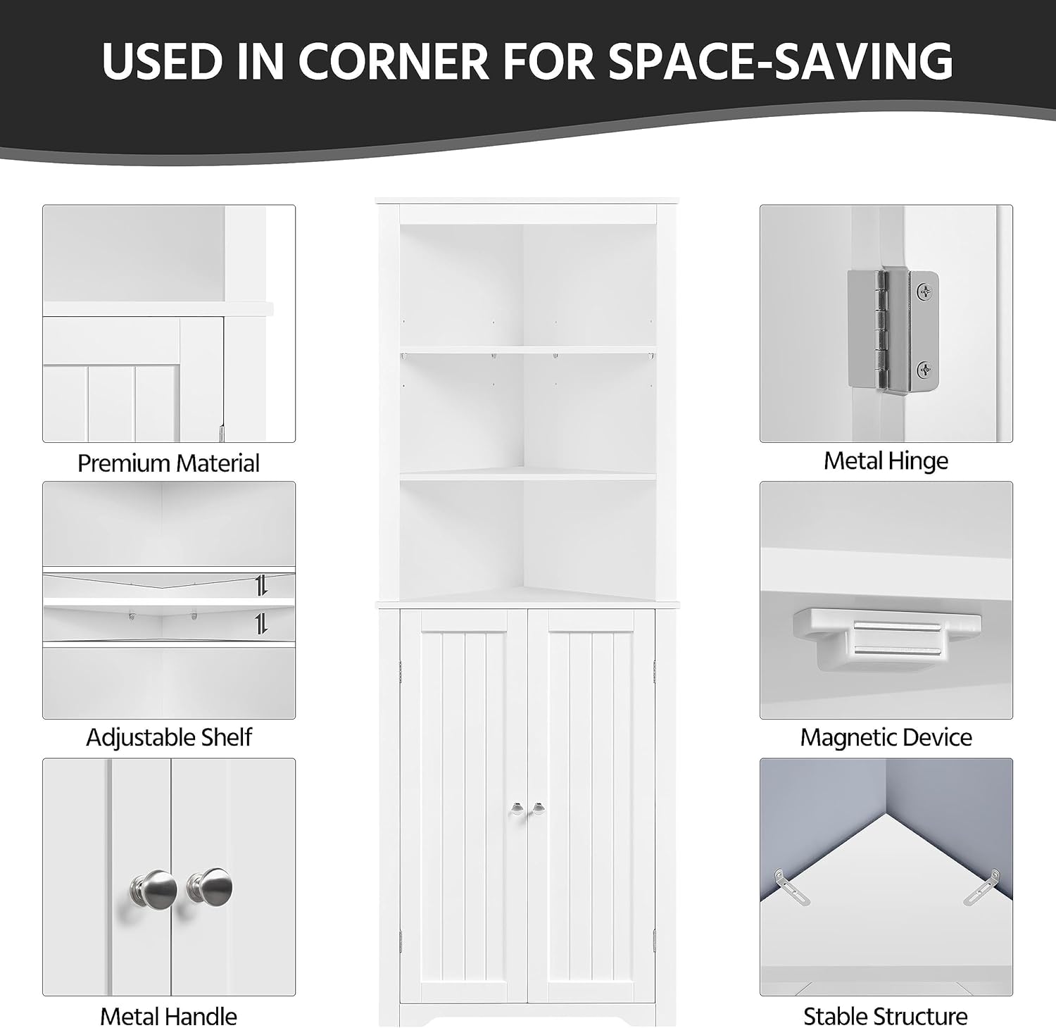 Tall Corner Bathroom Cabinet White Adjustable Shelf Unit