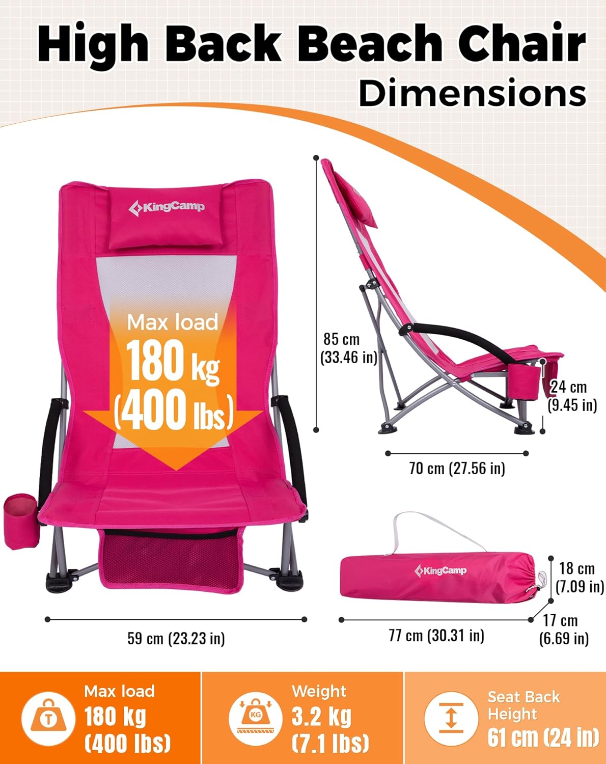 Rose Red Low Folding Beach Chair Heavy Duty Portable Mesh Seat