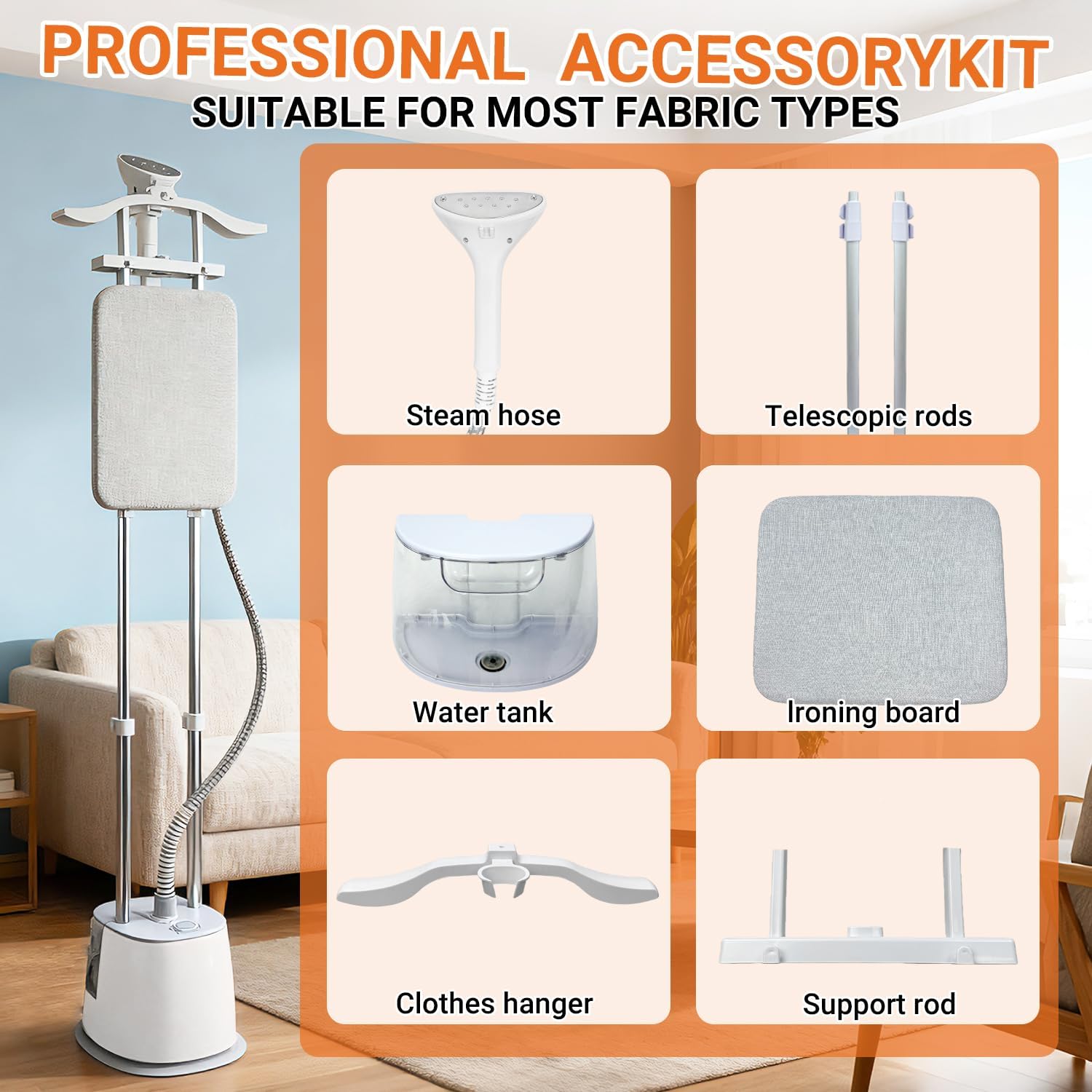 2000W Garment Steamer with Stand 2.5L Tank 70 Min Steam Power
