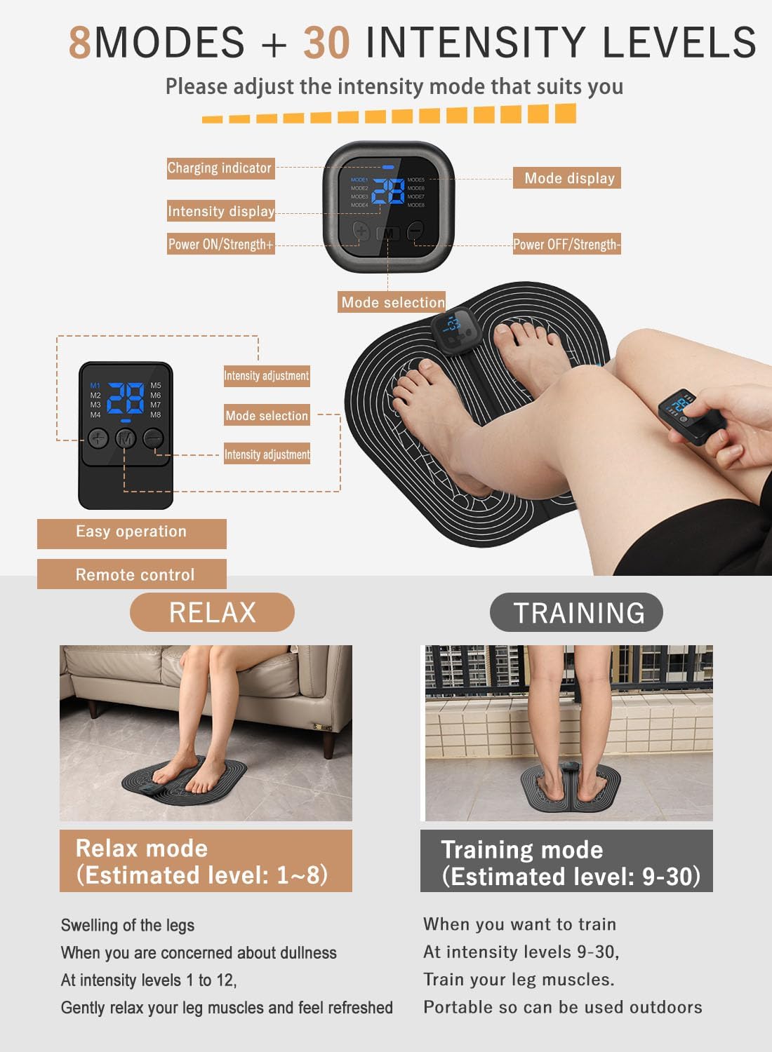 EMS Foot Massager Mat Rechargeable Remote 8 Modes 30 Levels