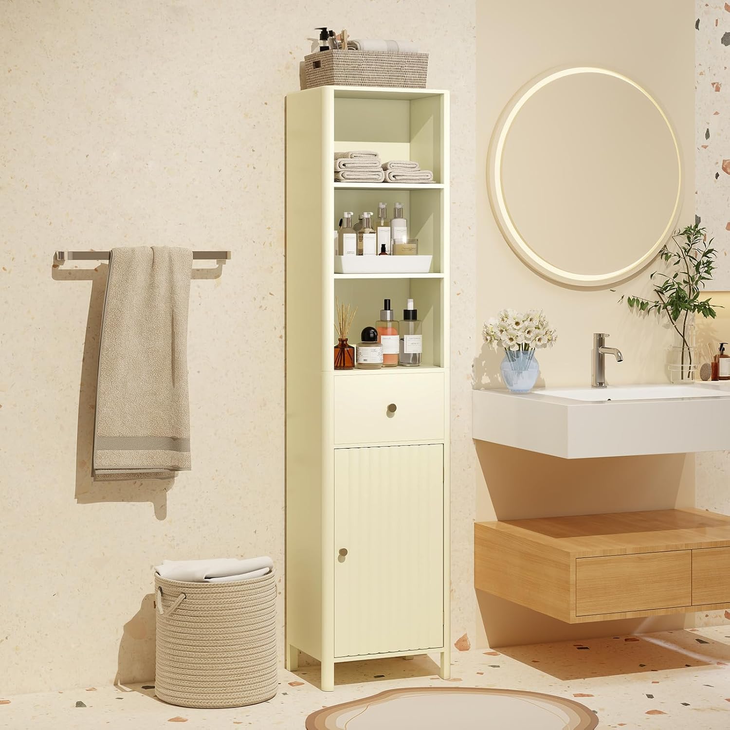 Slim Bathroom Tall Cabinet Drawer Shelf Unit Beige