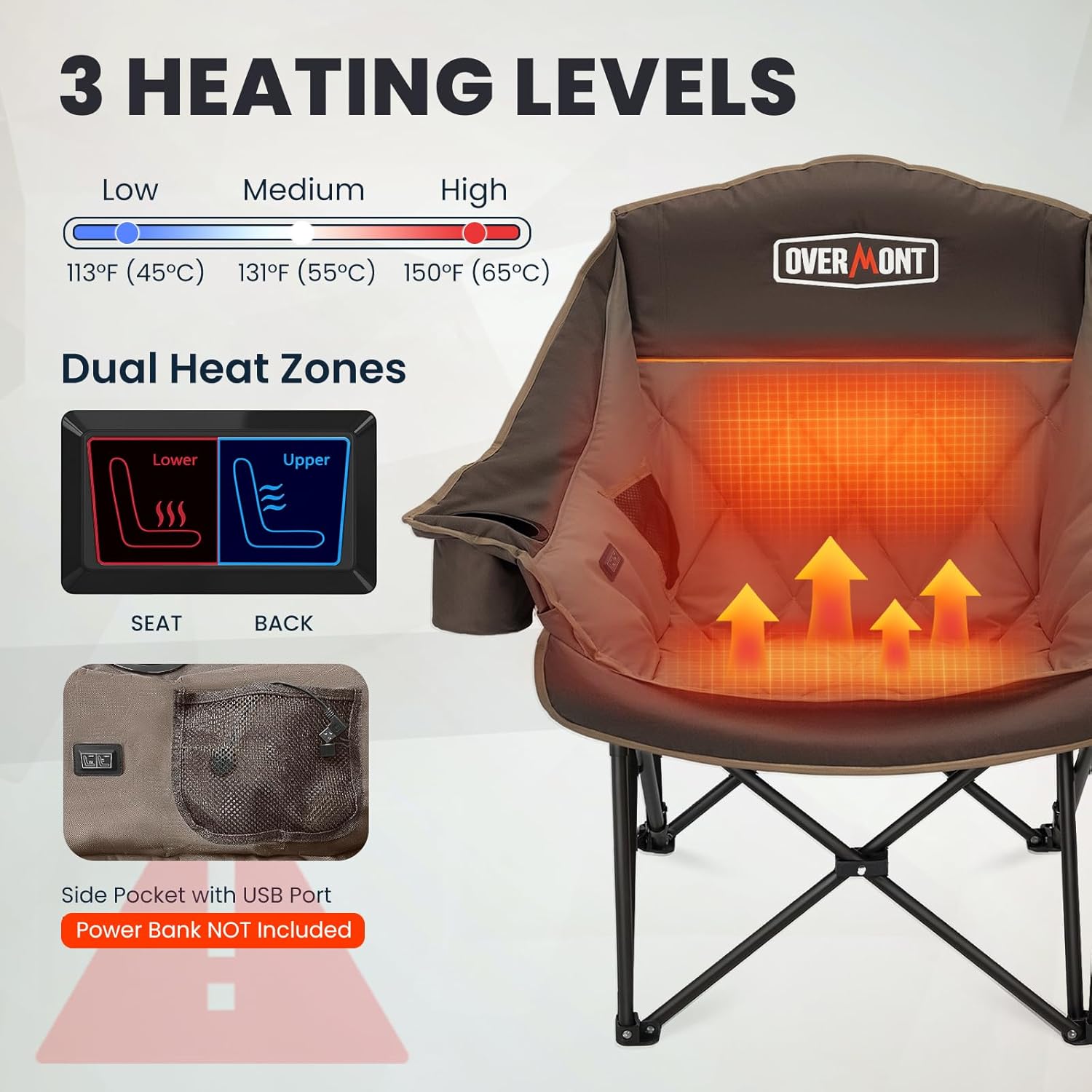 Heated XL Camping Chair 400lb Oversized Padded Khaki