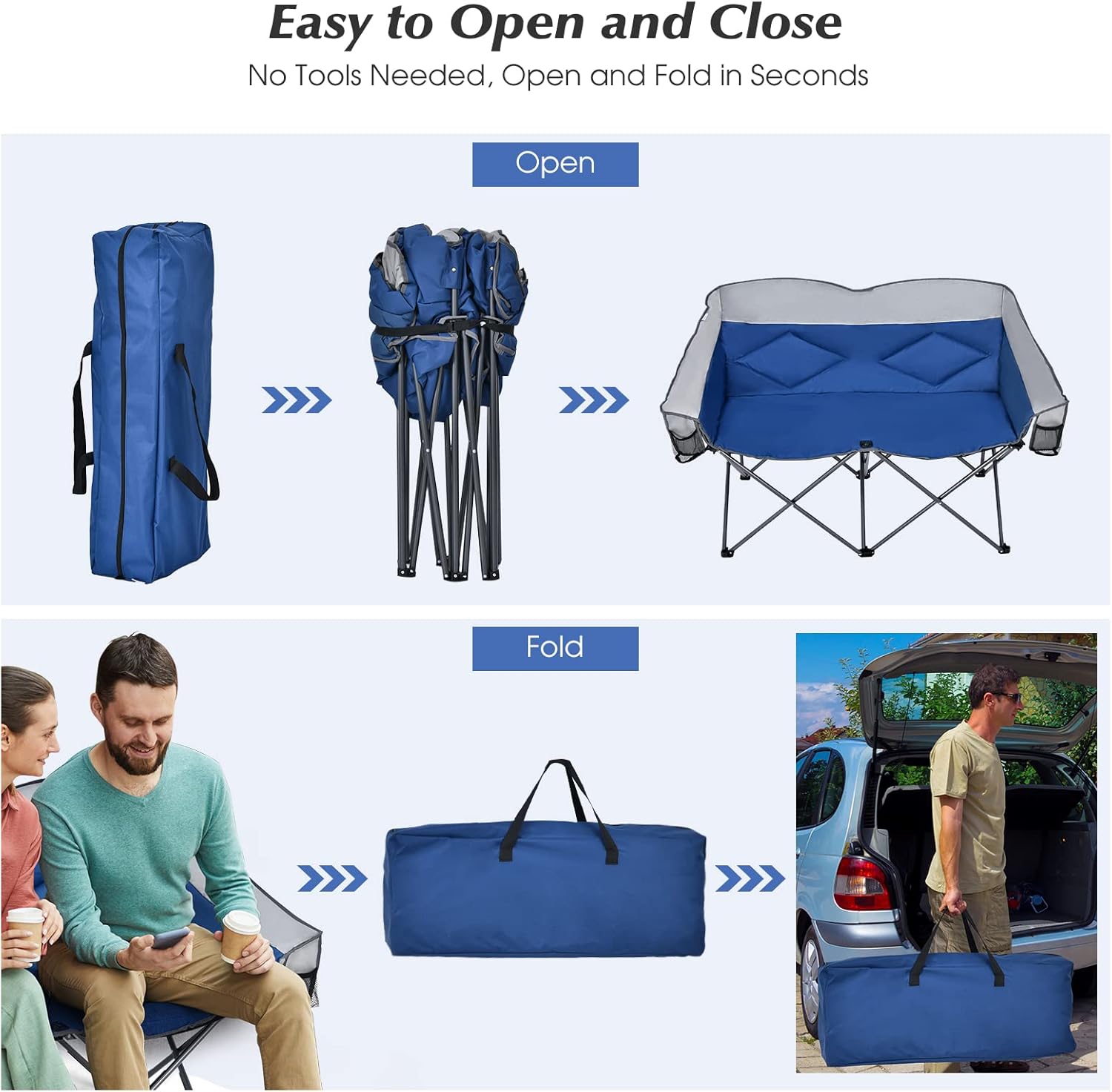 Double Camping Loveseat Chair with 2 Storage Pockets Blue