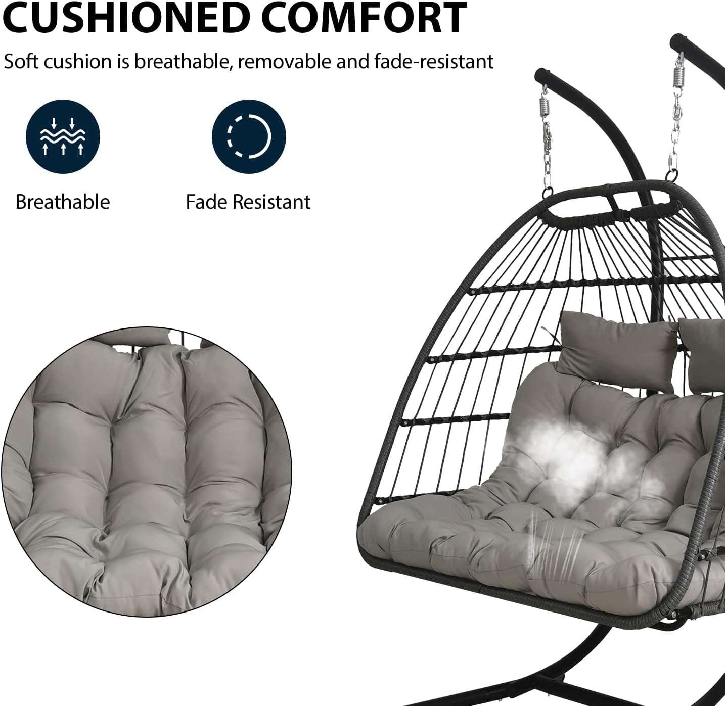 Double Rattan Swing Chair with Stand Light Grey