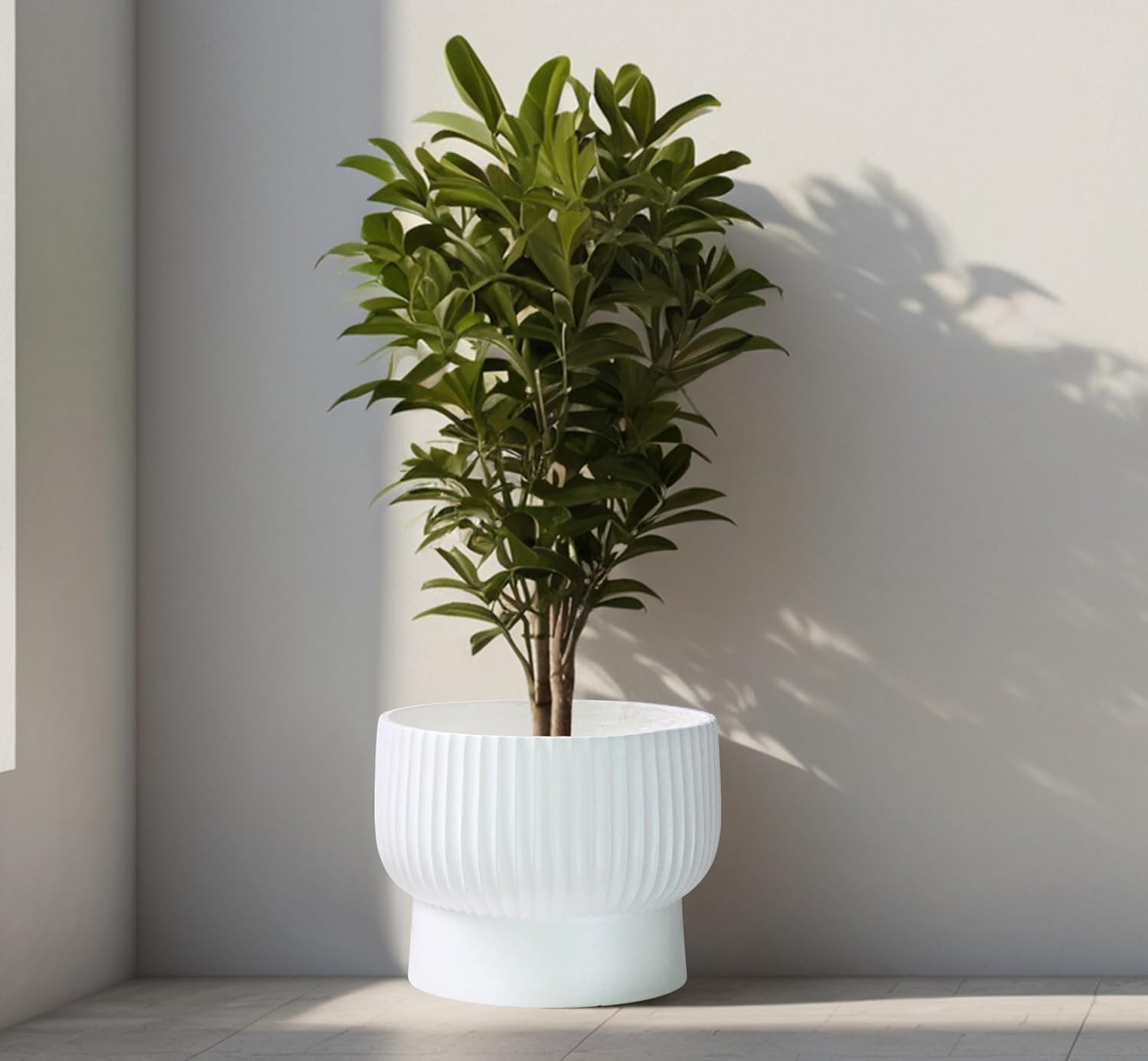White Raised Planter Bowl Set 2 Fibrestone Pots 35cm 30cm