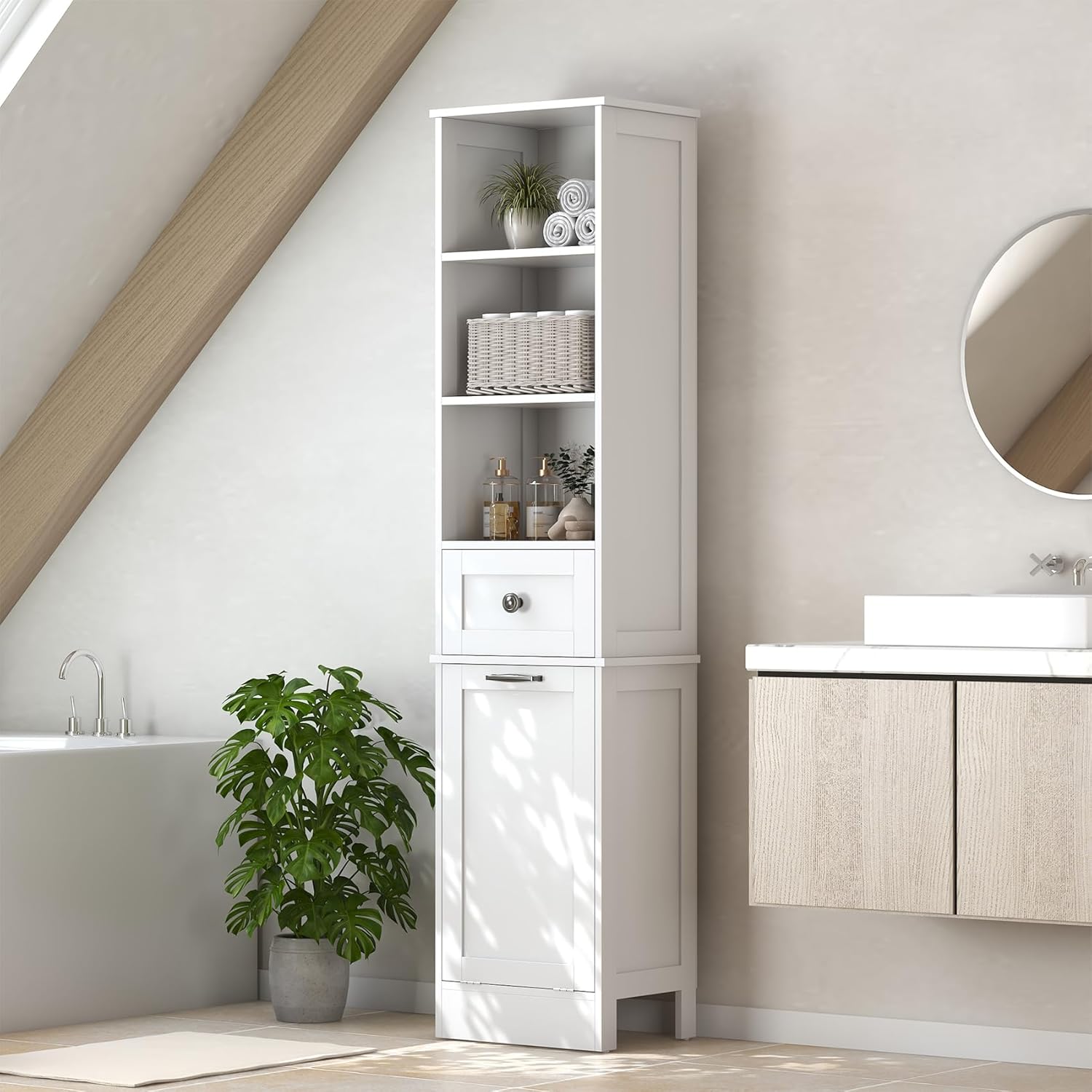Tall Bathroom Cabinet Laundry Hamper Drawer Shelves White 170cm