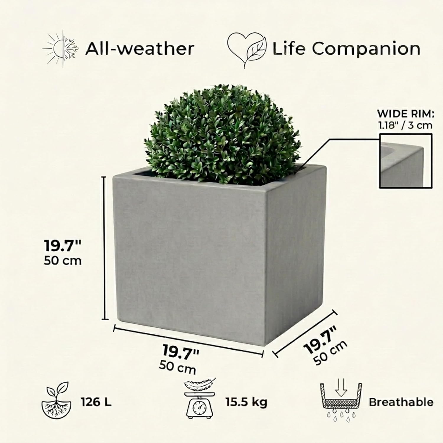 50cm Large Square Planter Grey Stone Effect Garden Tree Pot