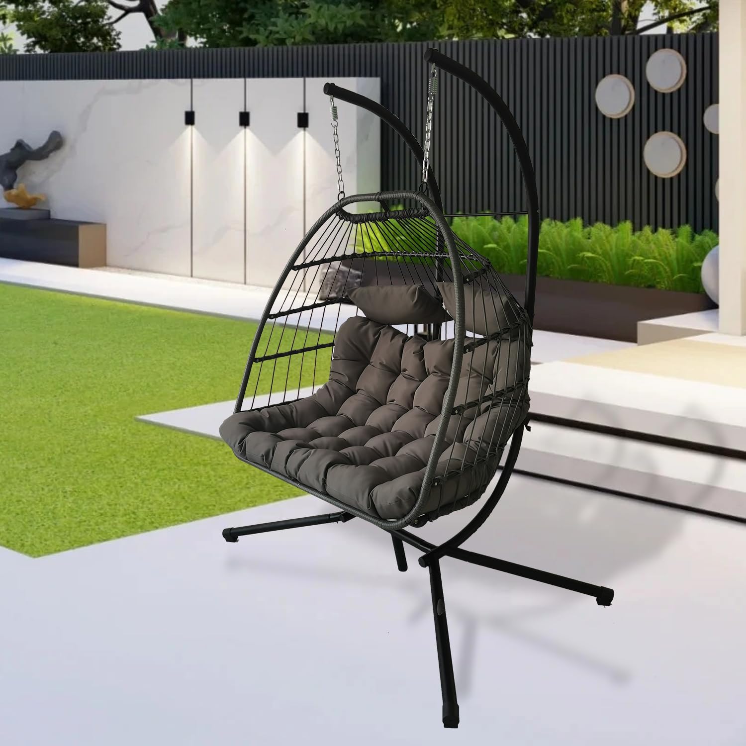 Double Egg Chair Swing Rattan Hanging Seat Stand Cushions Grey