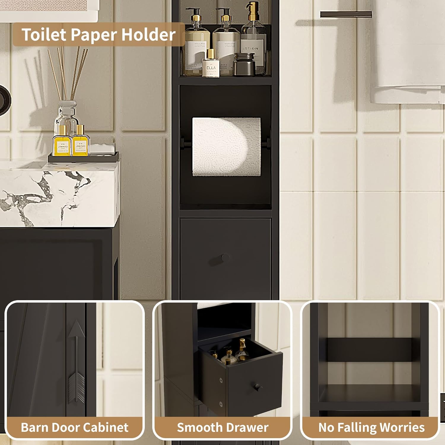Slim Tall Bathroom Cabinet Black Adjustable Shelf Tissue Holder