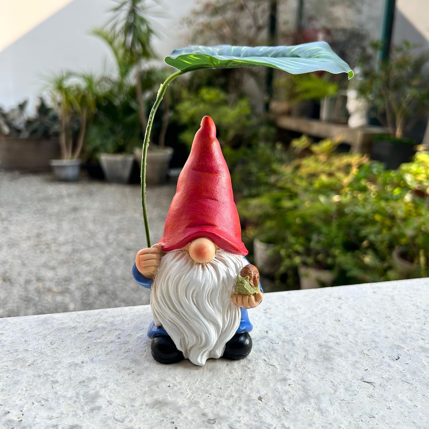 Garden Gnome Statue Leaf Umbrella Figurine Outdoor Patio Yard Decor