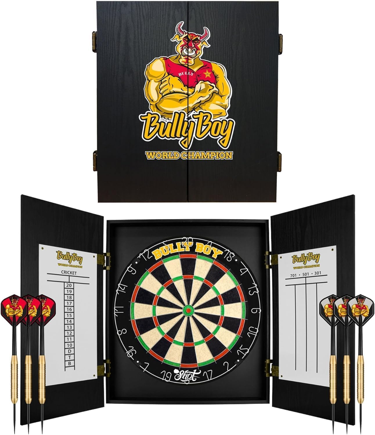 Dartboard Cabinet Set Sisal Board 6 Darts Scoreboard Wall Mount