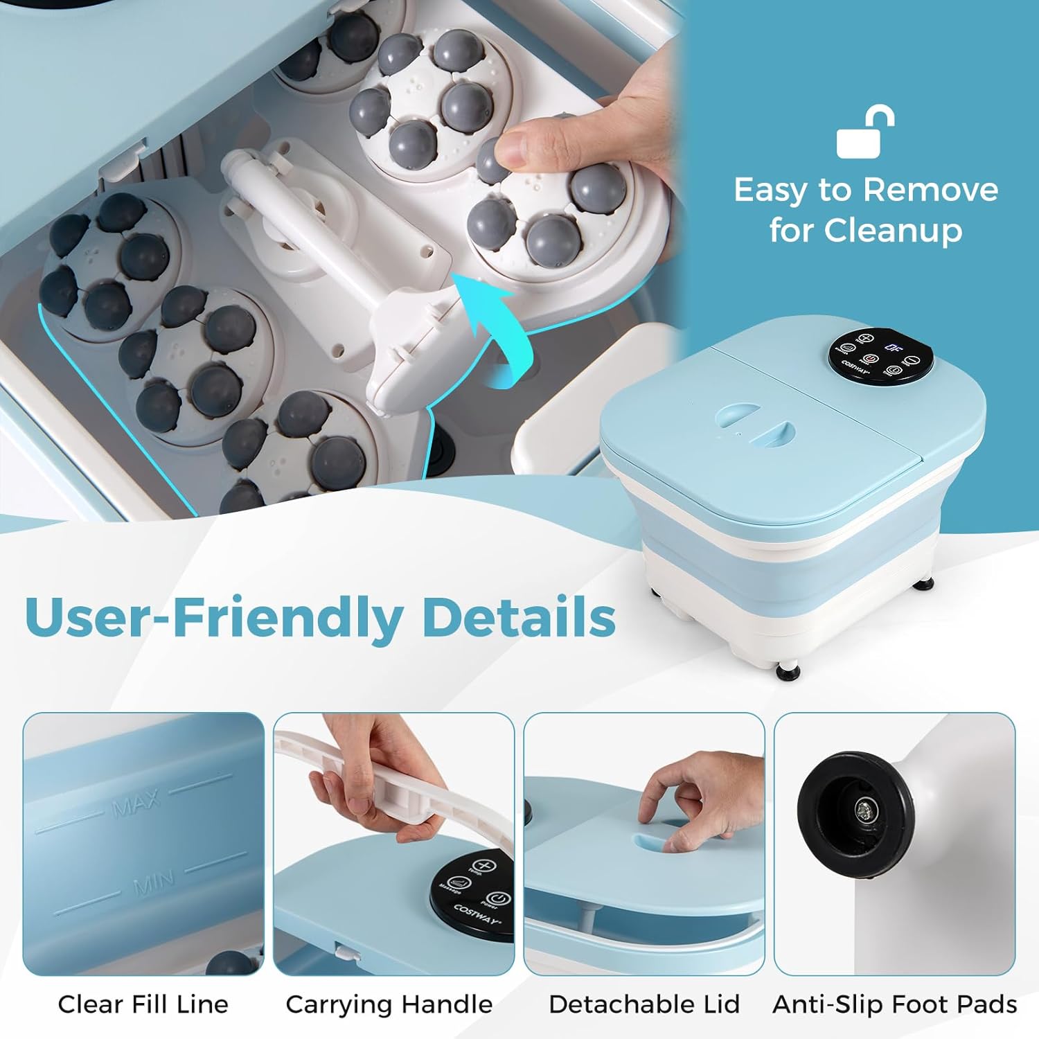 Collapsible Foot Spa Massager Heat Shower 30 Rollers Timer