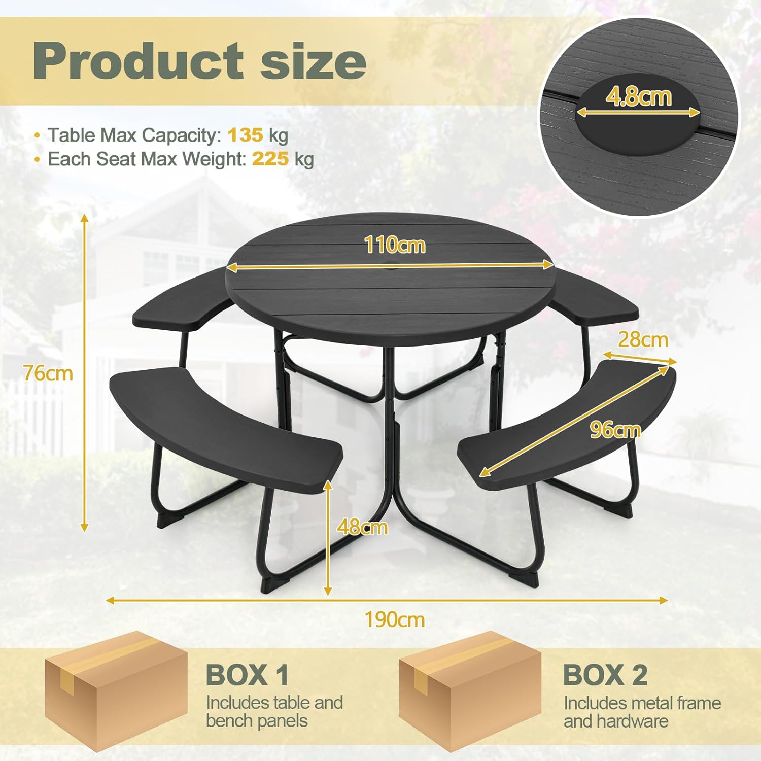 8 Seater Round Picnic Table Bench Set Outdoor Patio w/Parasol Hole Black