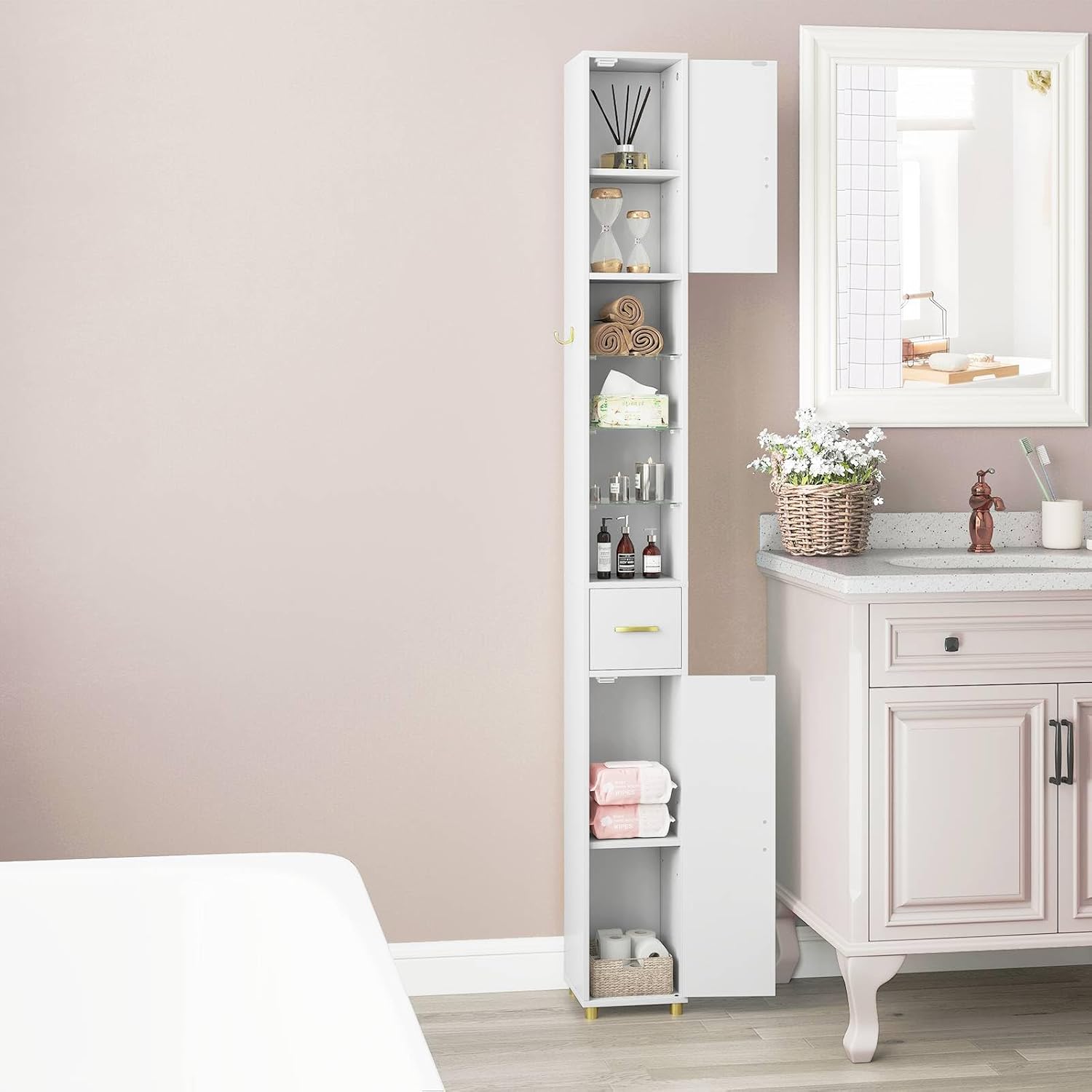 Tall Slim Storage Cabinet White LED Shelf Hook Unit