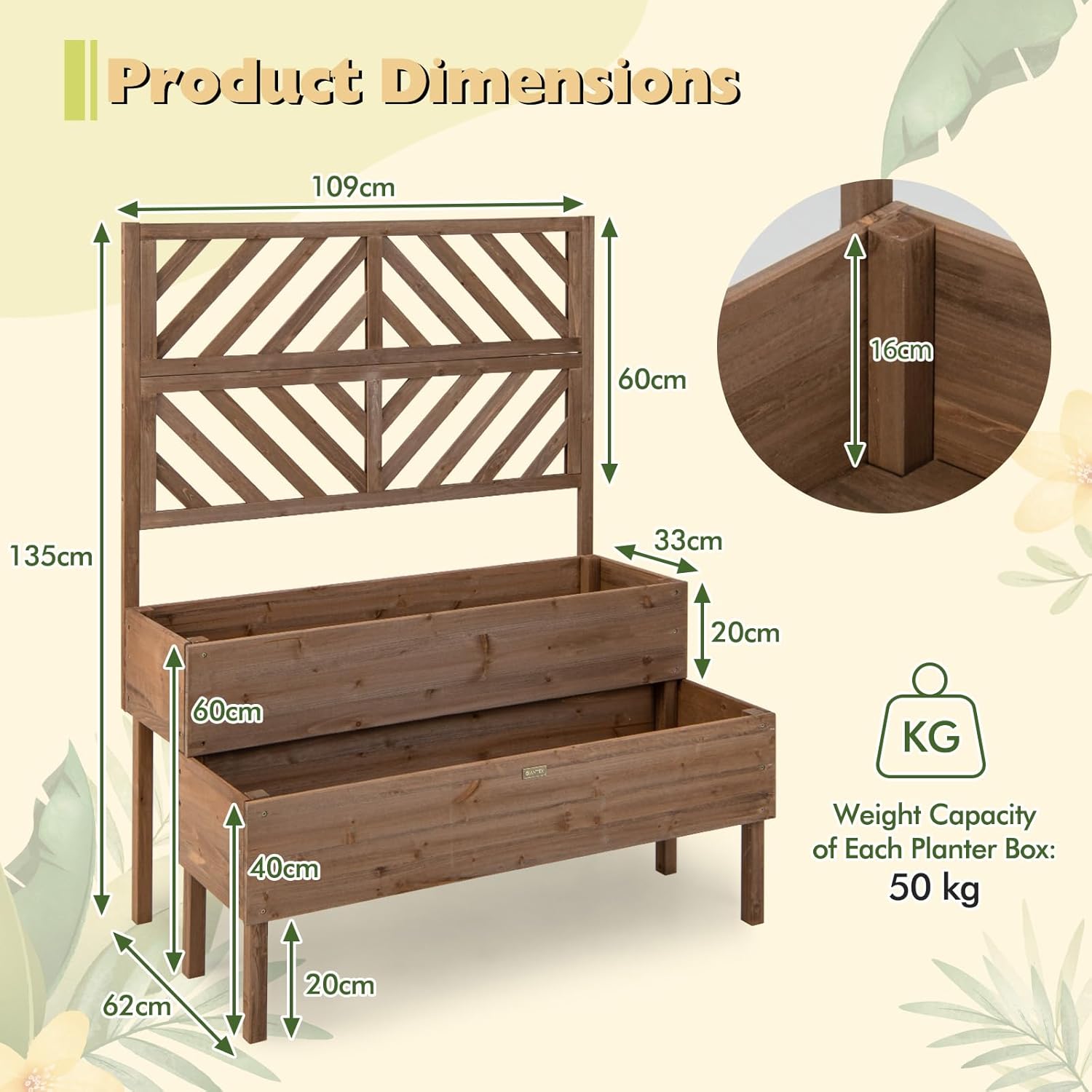 2 Tier Raised Garden Bed with Trellis Wooden Planter 135cm