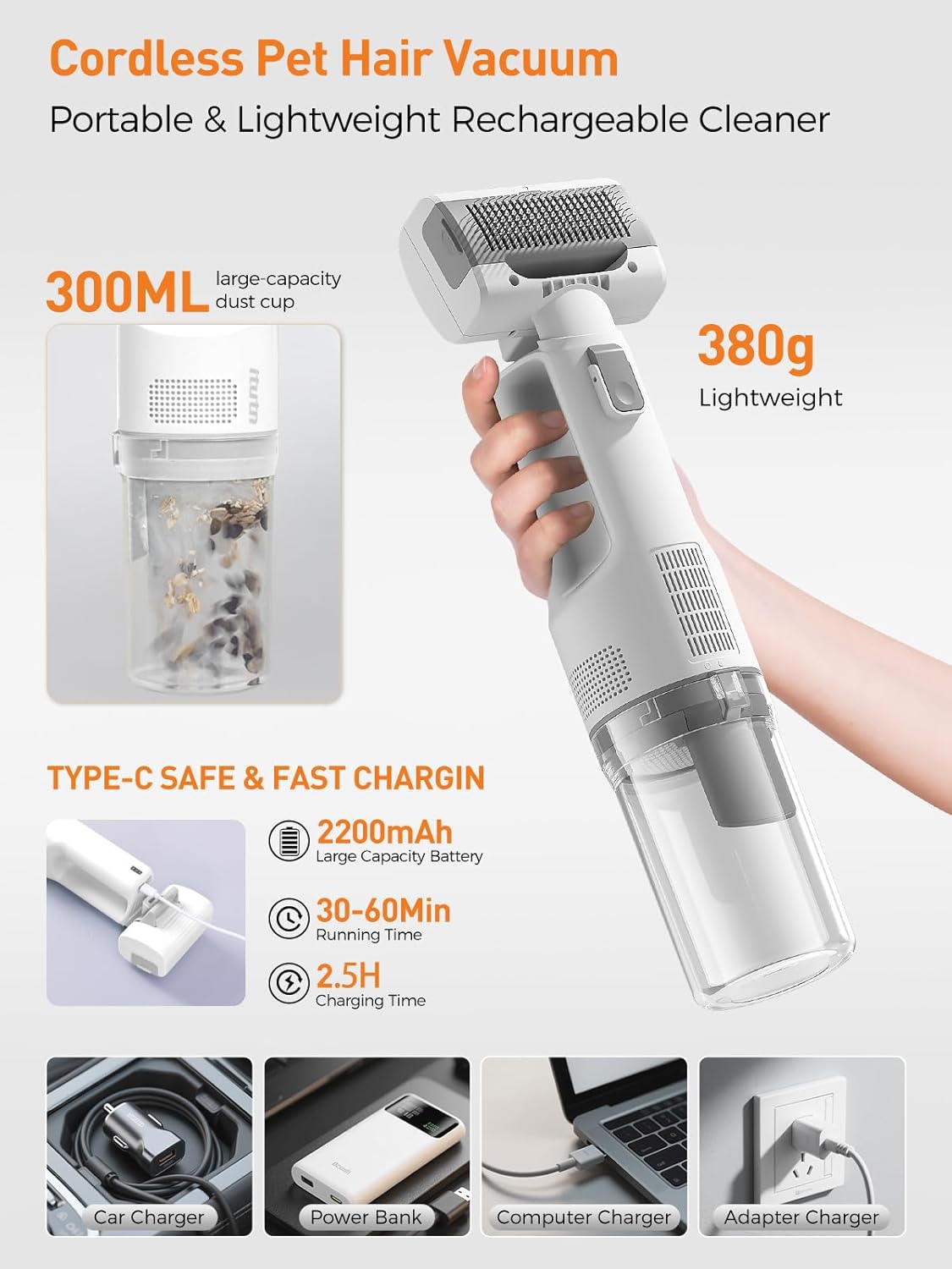 Cordless Pet Grooming Vacuum 10KPa 4 Brush Low Noise White