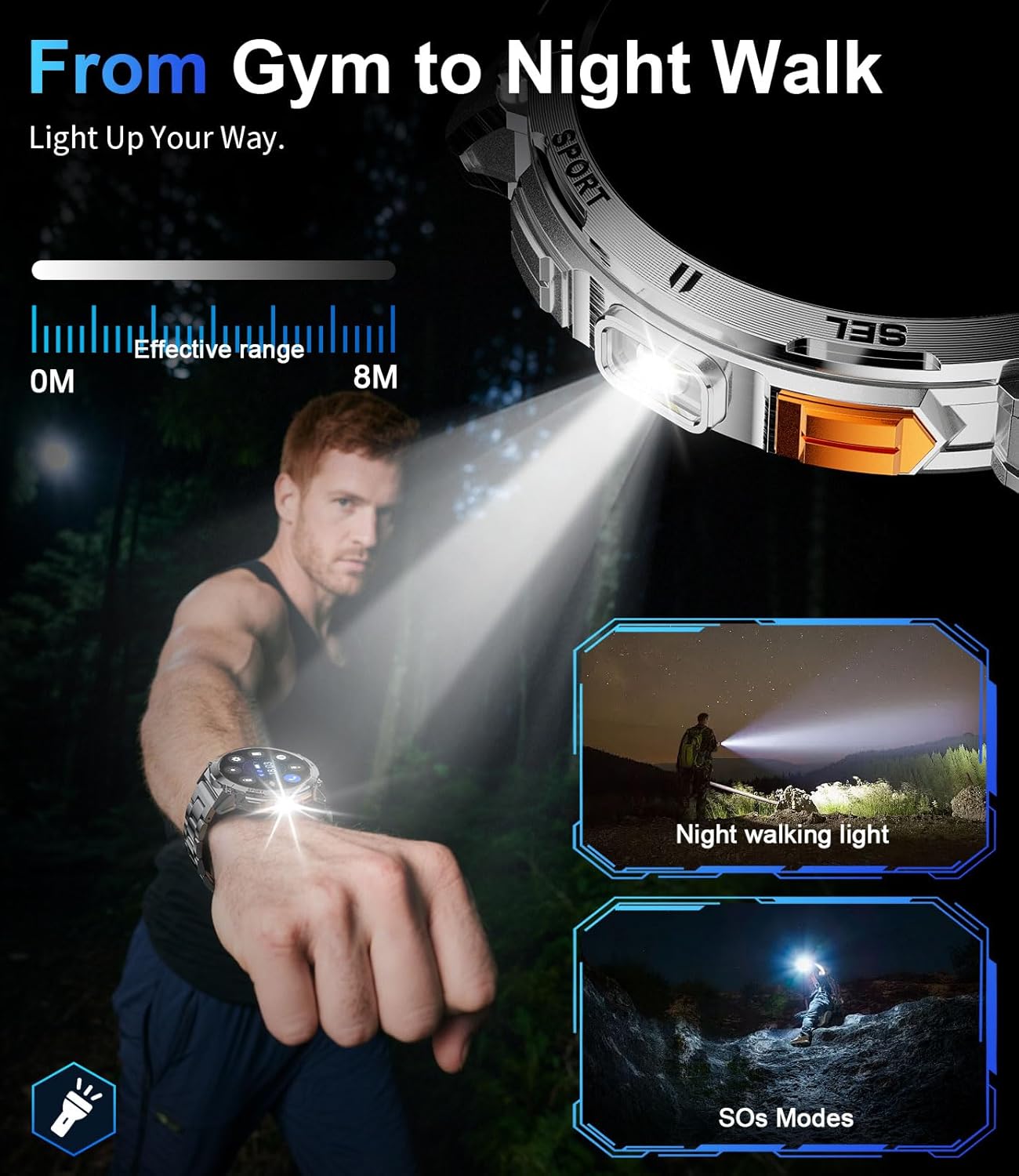 Mens AMOLED Smart Watch Bluetooth Call 730mAh LED Flashlight