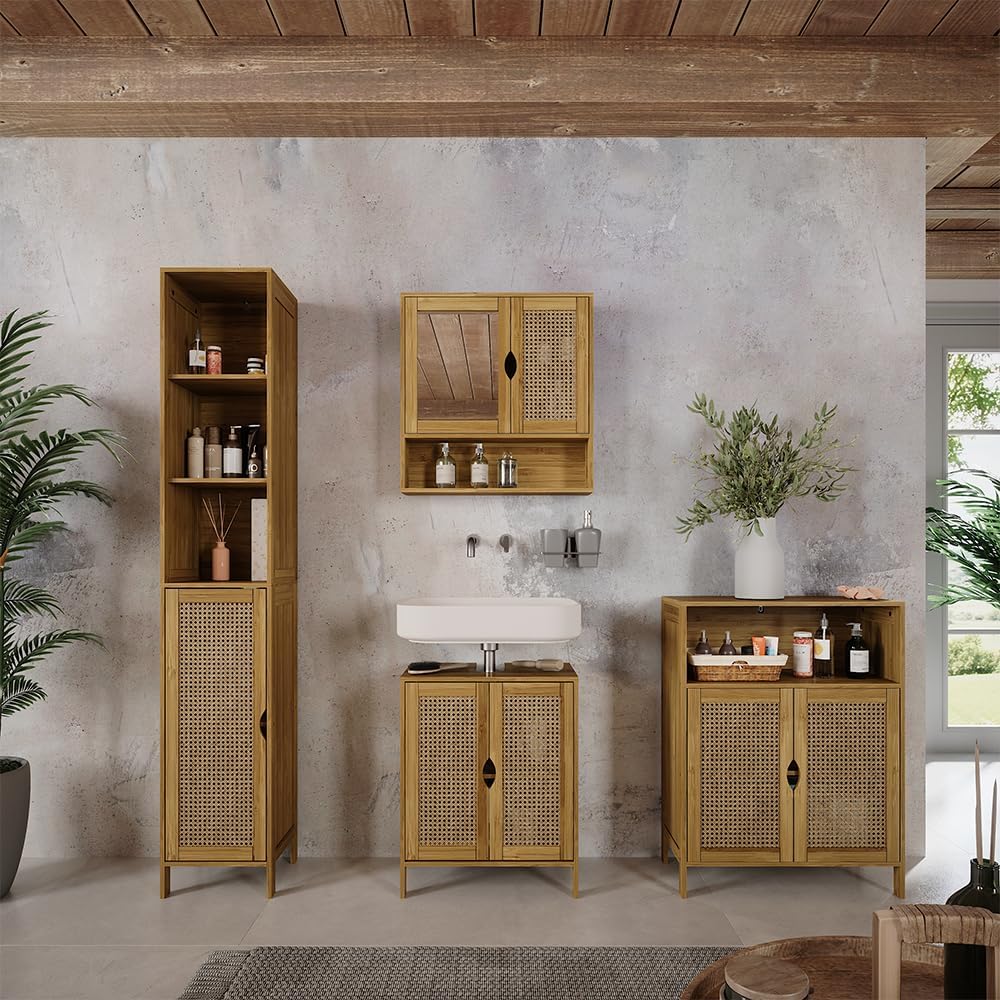 Slim Bamboo Bathroom Tall Cabinet Storage Shelf Towel Unit