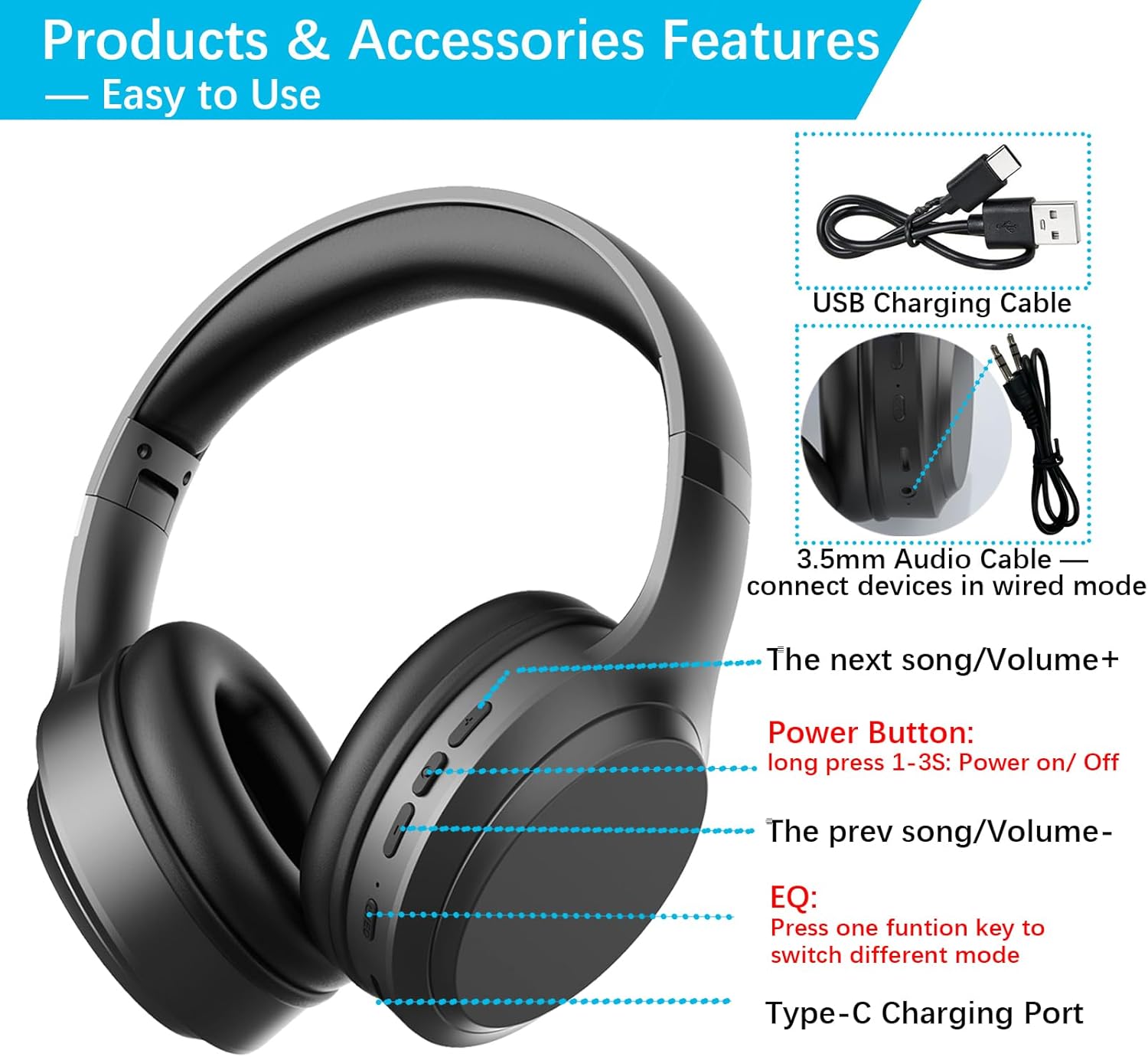 Bluetooth Over Ear Headphones 82H Playtime 3EQ Foldable Mic
