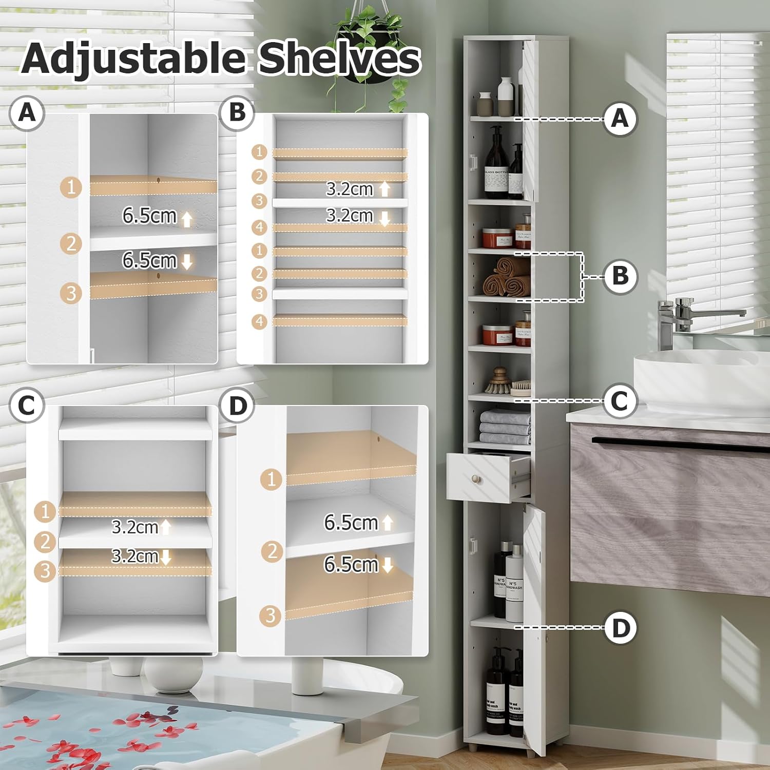 Tall Slim Bathroom Storage Cabinet Drawer Adjustable Shelves White