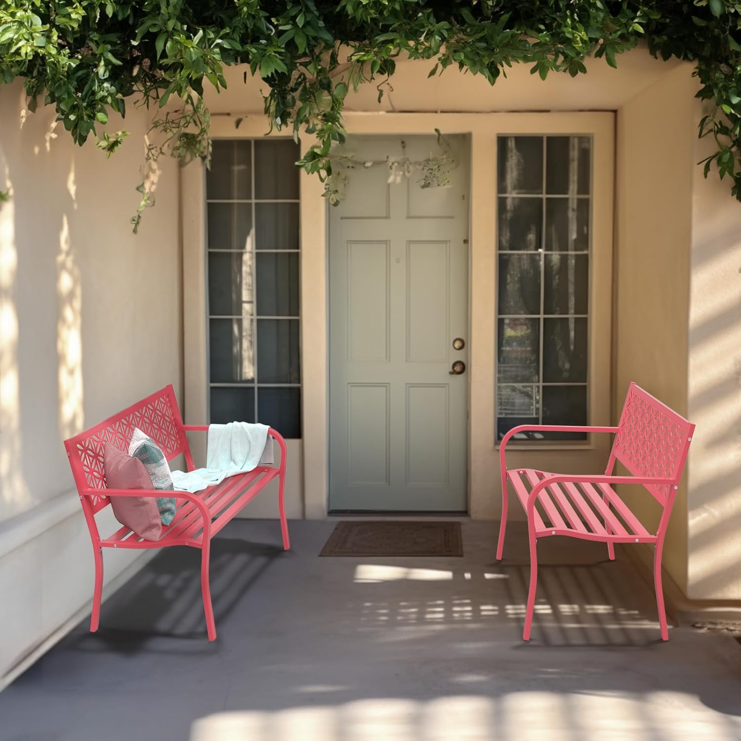 Metal Garden Bench 2-3 Seater Floral Back Outdoor Patio Seat Pink